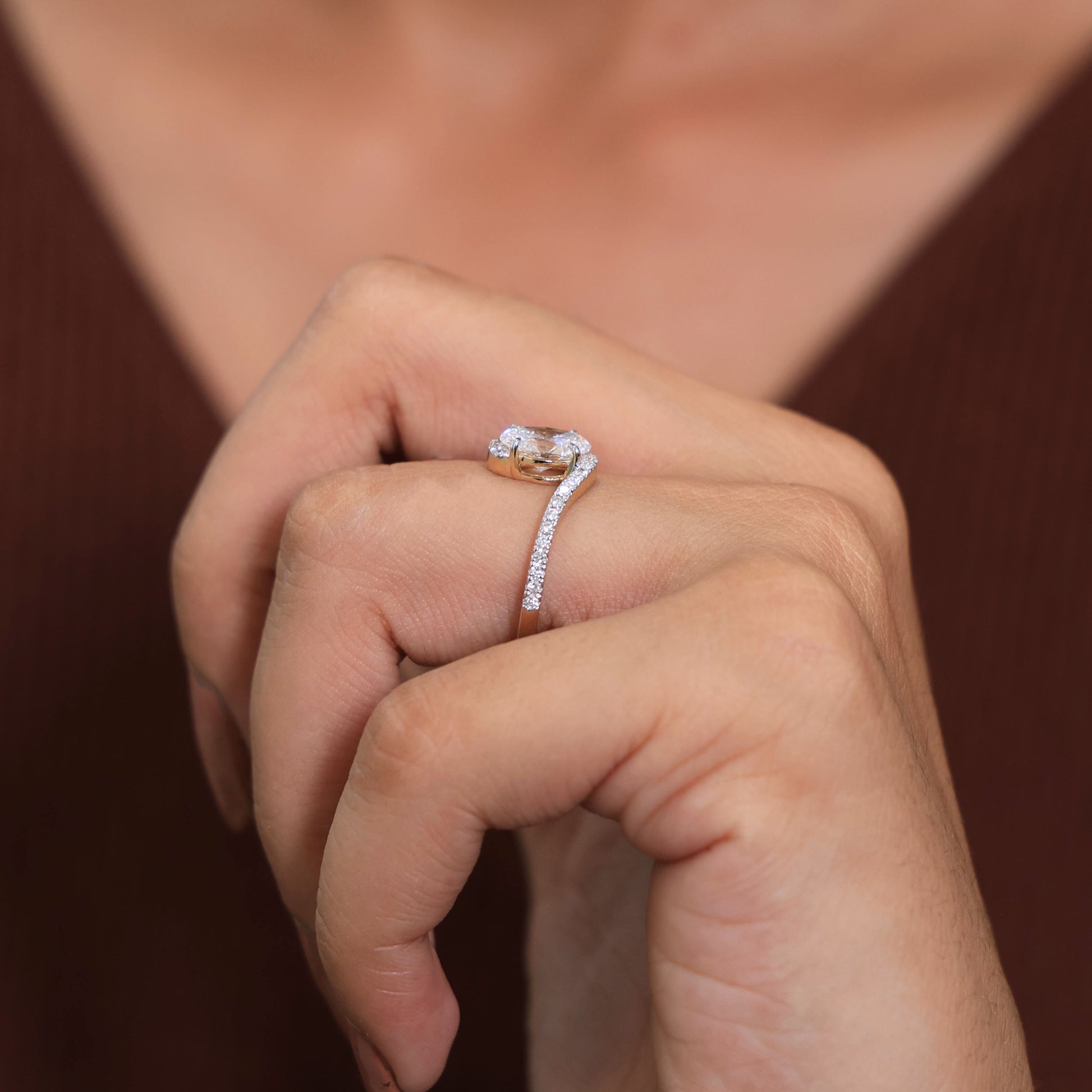 1.00 CT Oval Cut Bypass Solitaire Pave Engagement Ring in Lab Diamond - 14K Solid Gold, Birthday Gift For Her, Everyday Unique Jewelry