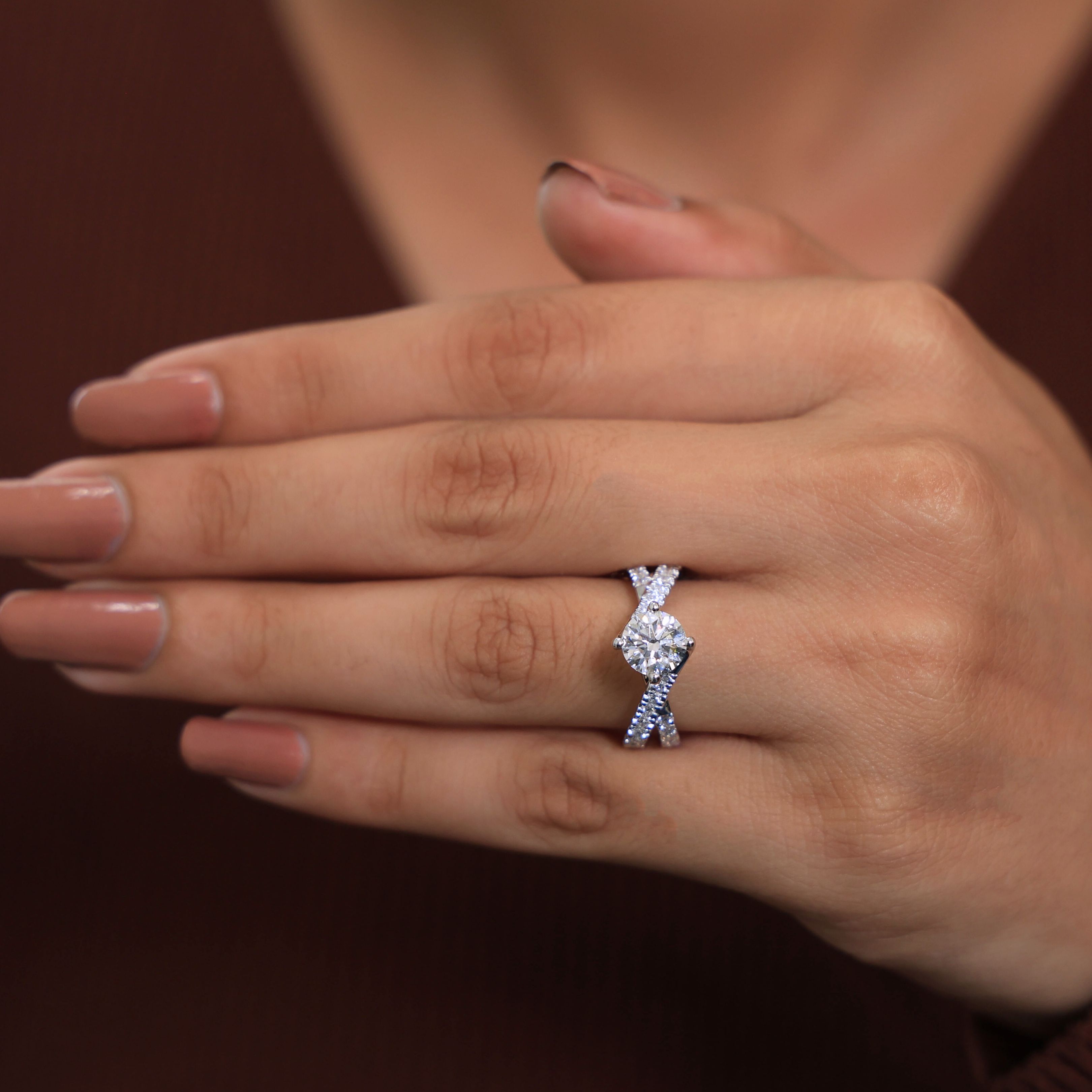 Twist Crossover Pavé Solitaire Engagement Ring in 14k Solid Gold, 1.00 CT Round Cut Lab Grown Diamond, Bypass Ring, Anniversary Gift for Her, Handmade Jewelry