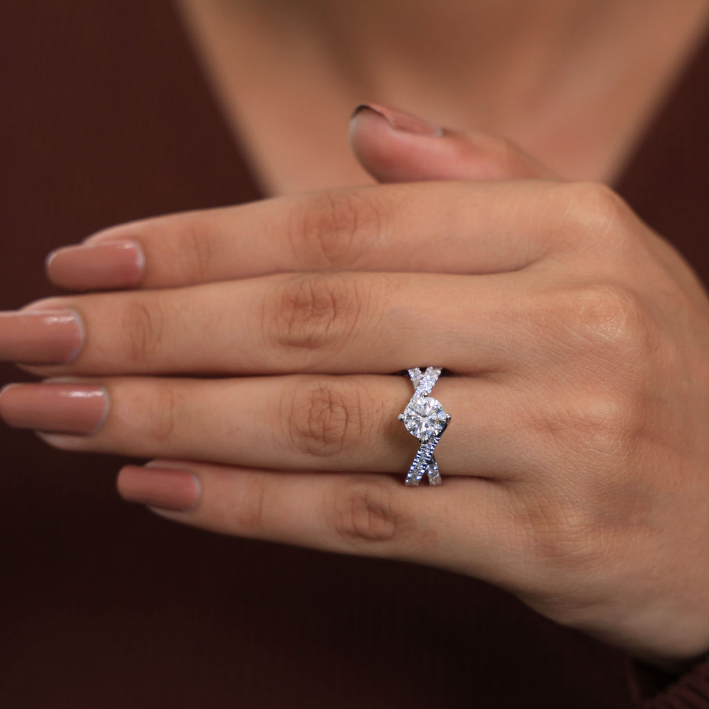 Twist Crossover Pavé Solitaire Engagement Ring in 14k Solid Gold, 1.00 CT Round Cut Lab Grown Diamond, Bypass Ring, Anniversary Gift for Her, Handmade Jewelry