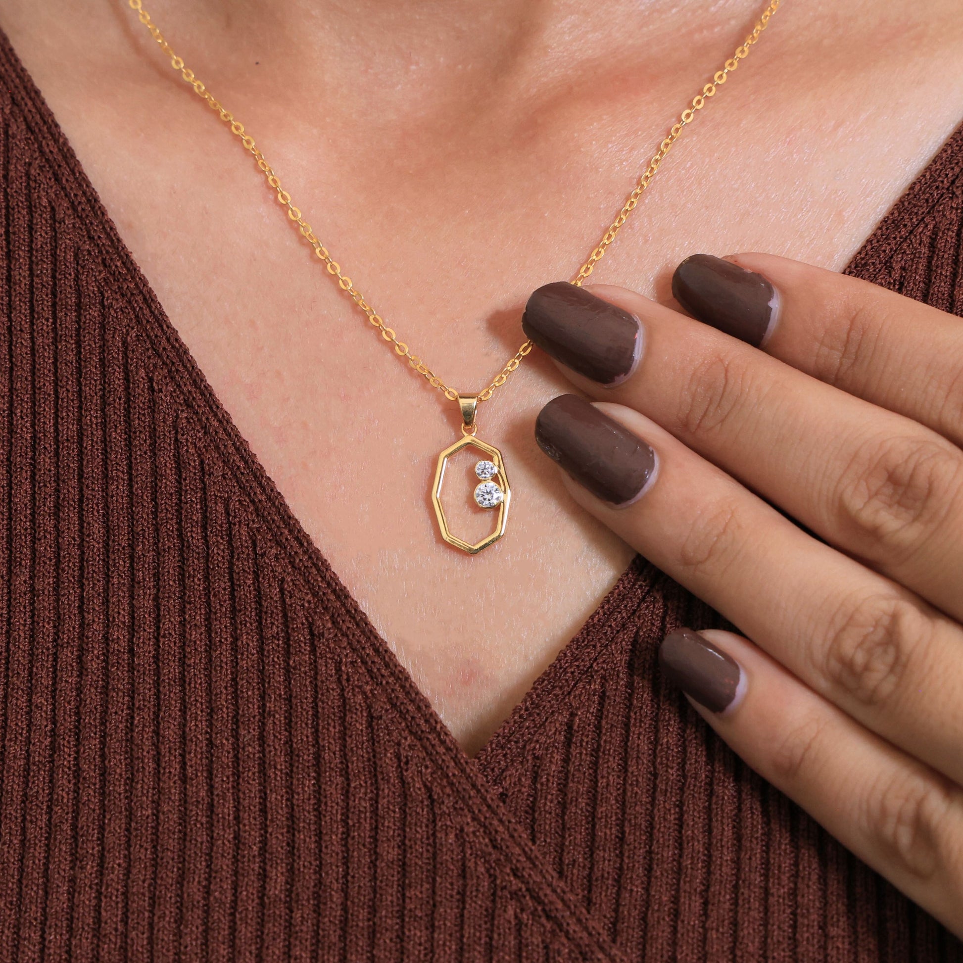 Modern Open Hexagon Two Stone Daily Wear Pendant in 14K Solid Gold, 0.15 TCW Round Cut Lab Grown Diamonds, Birthday Gift for Her, Everyday Jewelry