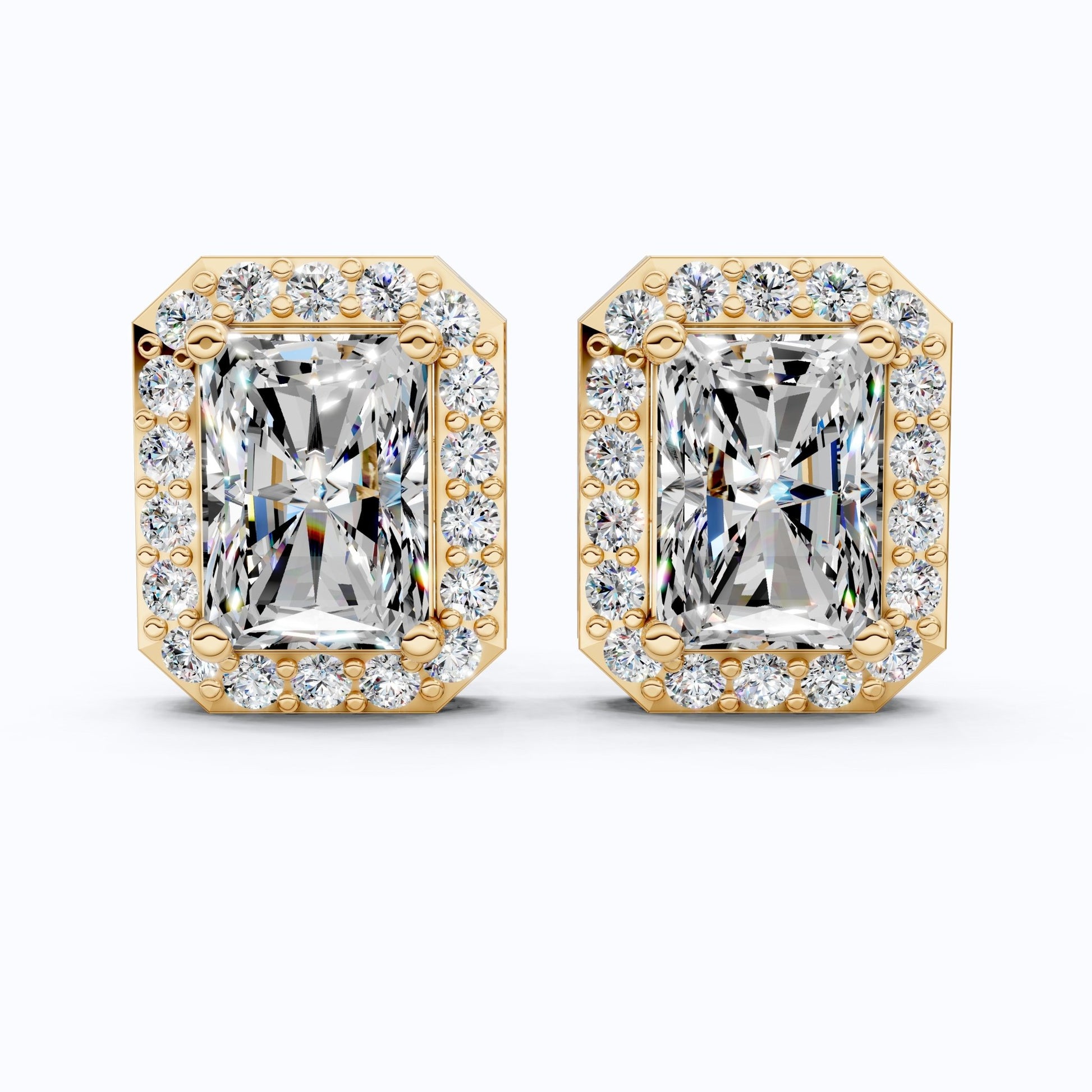 2.00 TCW Radiant Cut Lab Grown Diamonds Halo Stud Earrings in 14k Yellow Gold, Wedding Gift for Wife, Bridal Jewelry - Shoora Designs