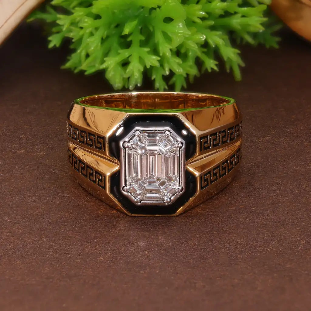 Greek Key Pie-Cut Emerald-Illusion Engagement Ring in Natural Diamond – 14k Solid Gold, Wedding Gift for Him, Pie Cut Jewelry