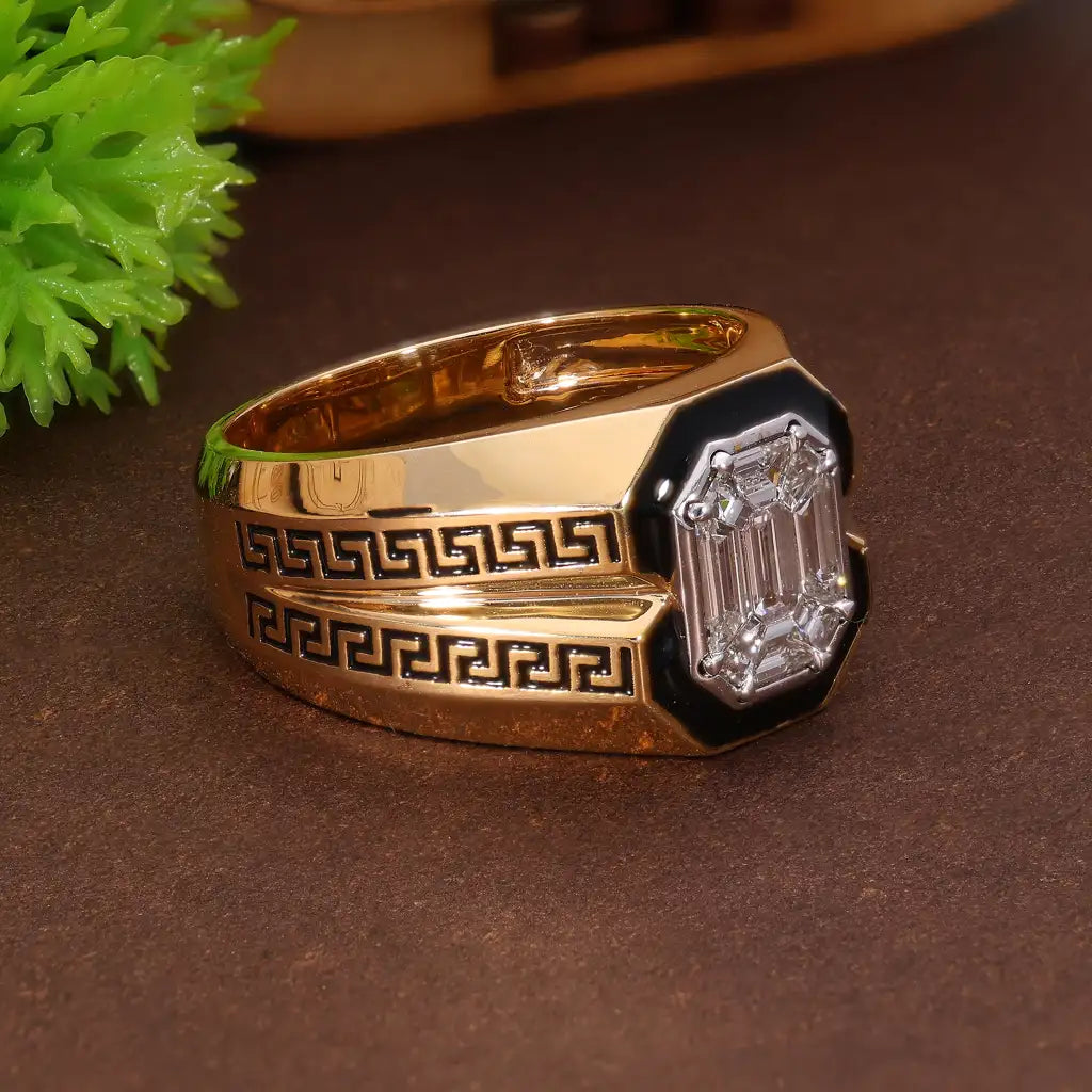 Greek Key Pie-Cut Emerald-Illusion Engagement Ring in Natural Diamond – 14k Solid Gold, Wedding Gift for Him, Pie Cut Jewelry