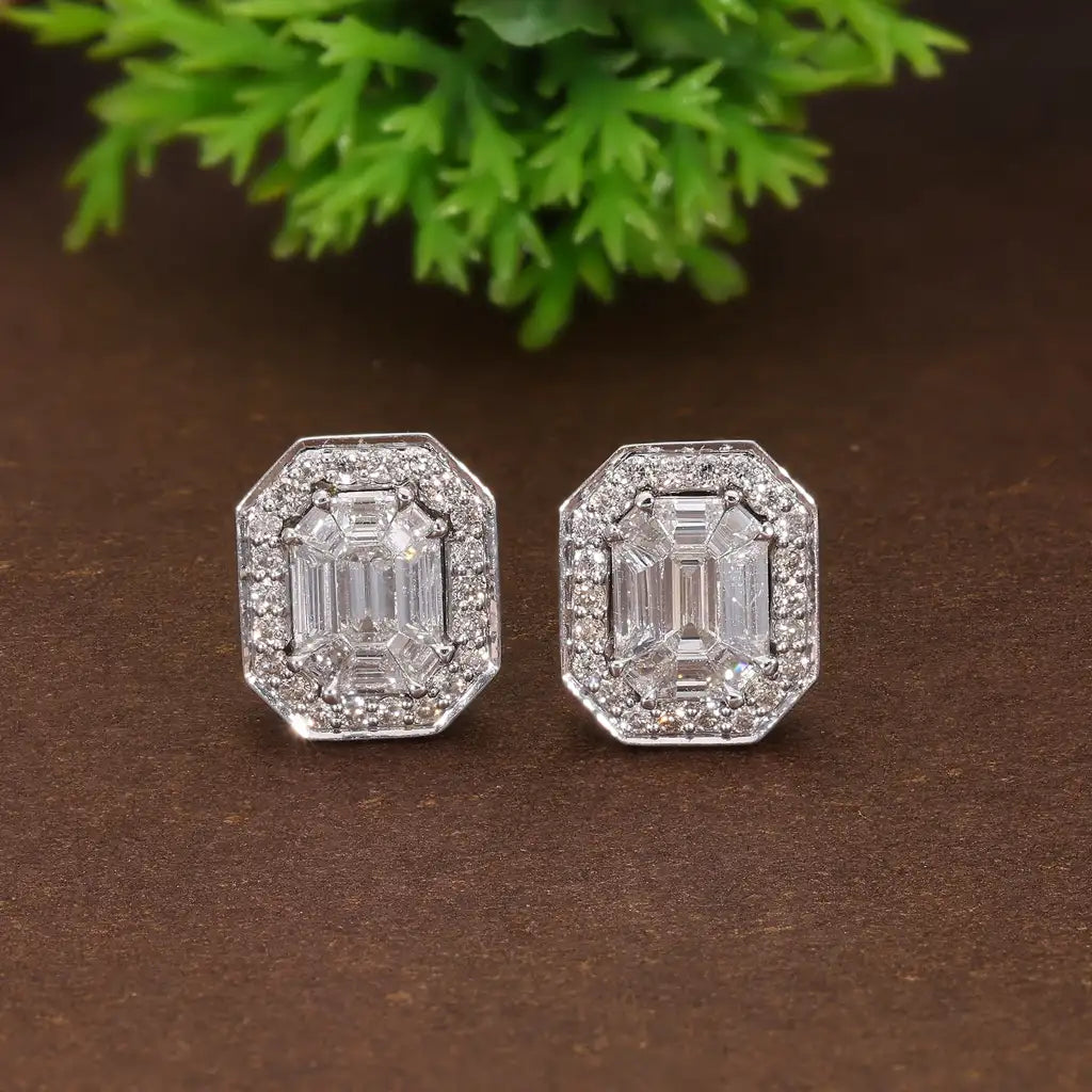 Emerald Cut Illusion Halo Stud Wedding Earrings in Natural Diamond– 14k Solid Gold, 1.05 TCW Round Cut Natural Diamonds, Anniversary Gift for Wife, Everyday Handmade Jewelry