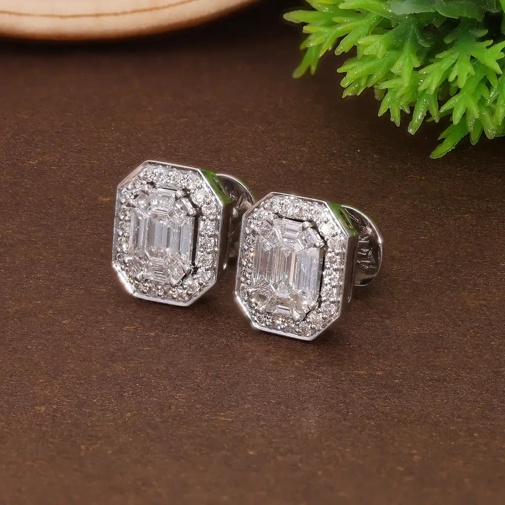 Emerald Cut Illusion Halo Stud Wedding Earrings in Natural Diamond– 14k Solid Gold, 1.05 TCW Round Cut Natural Diamonds, Anniversary Gift for Wife, Everyday Handmade Jewelry