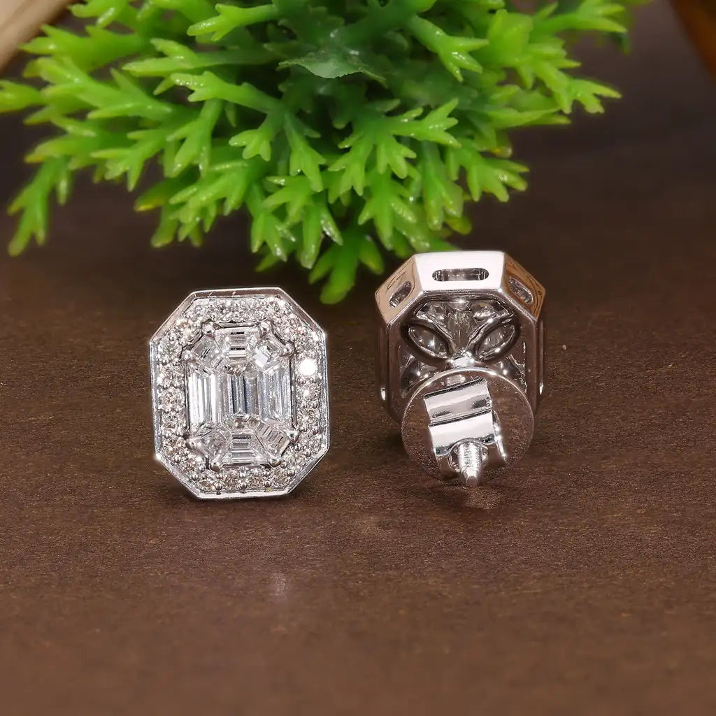 Emerald Cut Illusion Halo Stud Wedding Earrings in Natural Diamond– 14k Solid Gold, 1.05 TCW Round Cut Natural Diamonds, Anniversary Gift for Wife, Everyday Handmade Jewelry