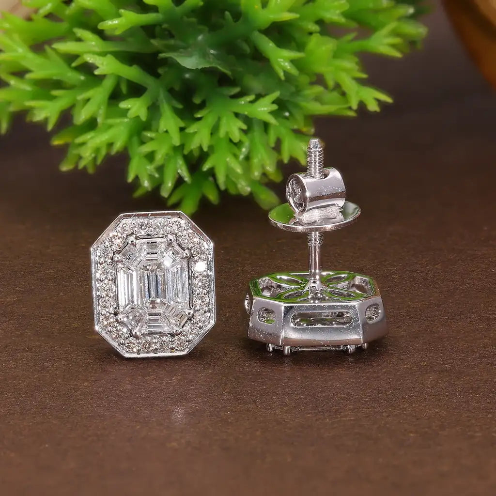 Emerald Cut Illusion Halo Stud Wedding Earrings in Natural Diamond– 14k Solid Gold, 1.05 TCW Round Cut Natural Diamonds, Anniversary Gift for Wife, Everyday Handmade Jewelry