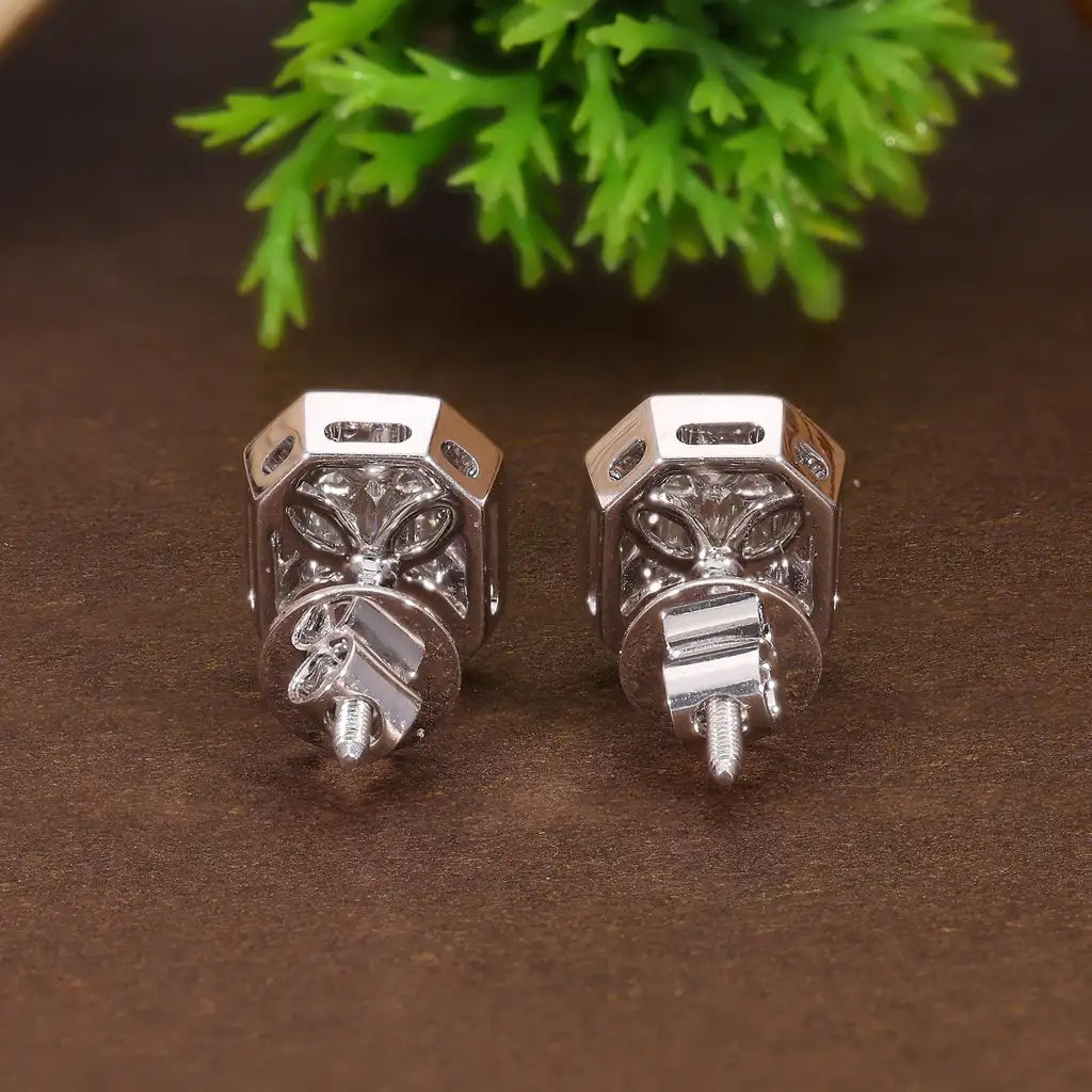 Emerald Cut Illusion Halo Stud Wedding Earrings in Natural Diamond– 14k Solid Gold, 1.05 TCW Round Cut Natural Diamonds, Anniversary Gift for Wife, Everyday Handmade Jewelry