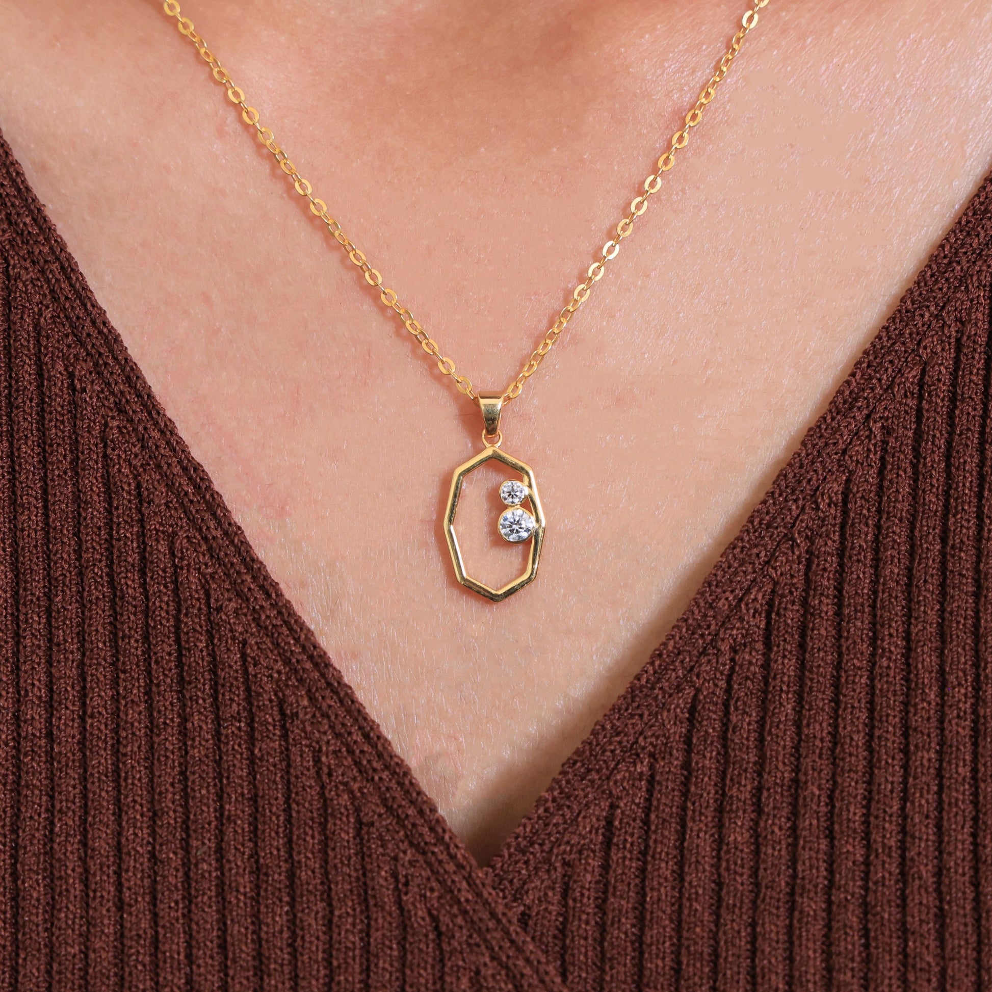 Modern Open Hexagon Two Stone Daily Wear Pendant in 14K Solid Gold, 0.15 TCW Round Cut Lab Grown Diamonds, Birthday Gift for Her, Everyday Jewelry