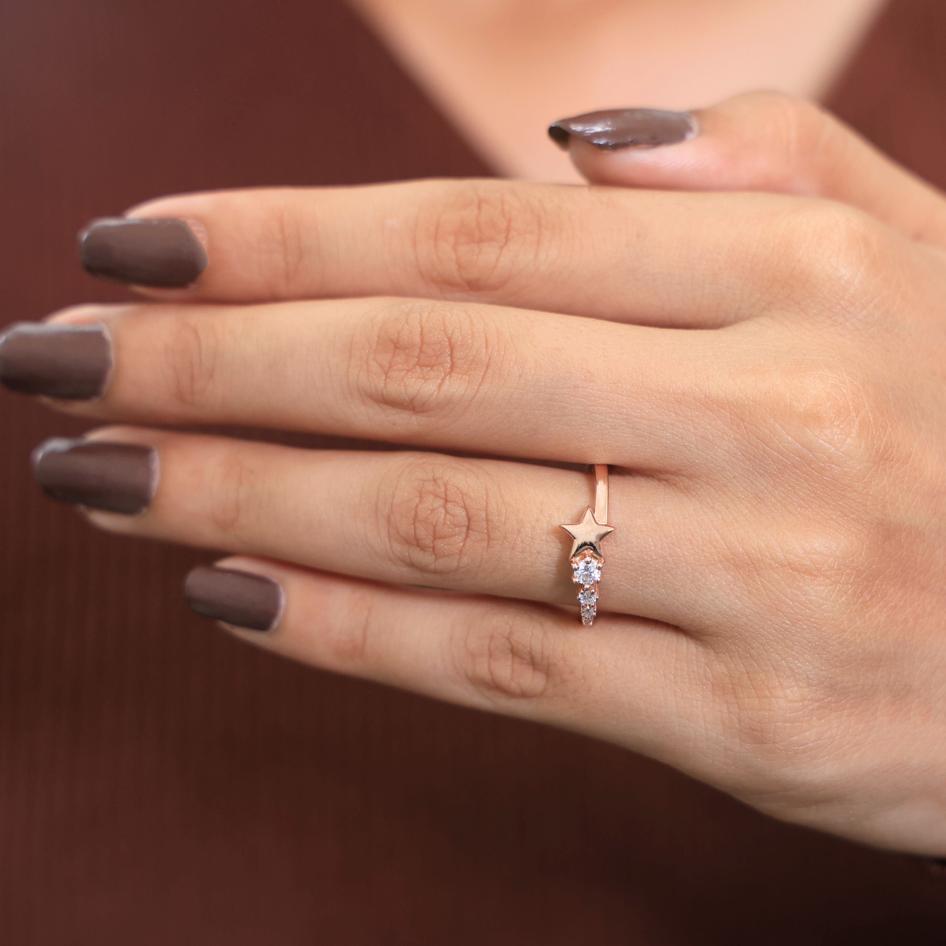 Dainty Five Star Antique Engagement Ring in 14K Solid Gold, 0.16 TCW Round Cut Lab Created Diamonds, Minimalist Promise Ring, Fashion Jewelry