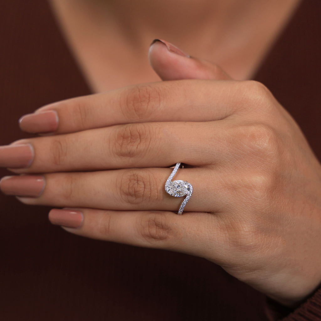 1.00 CT Oval Cut Bypass Solitaire Pave Engagement Ring in Lab Diamond - 14K Solid Gold, Birthday Gift For Her, Everyday Unique Jewelry