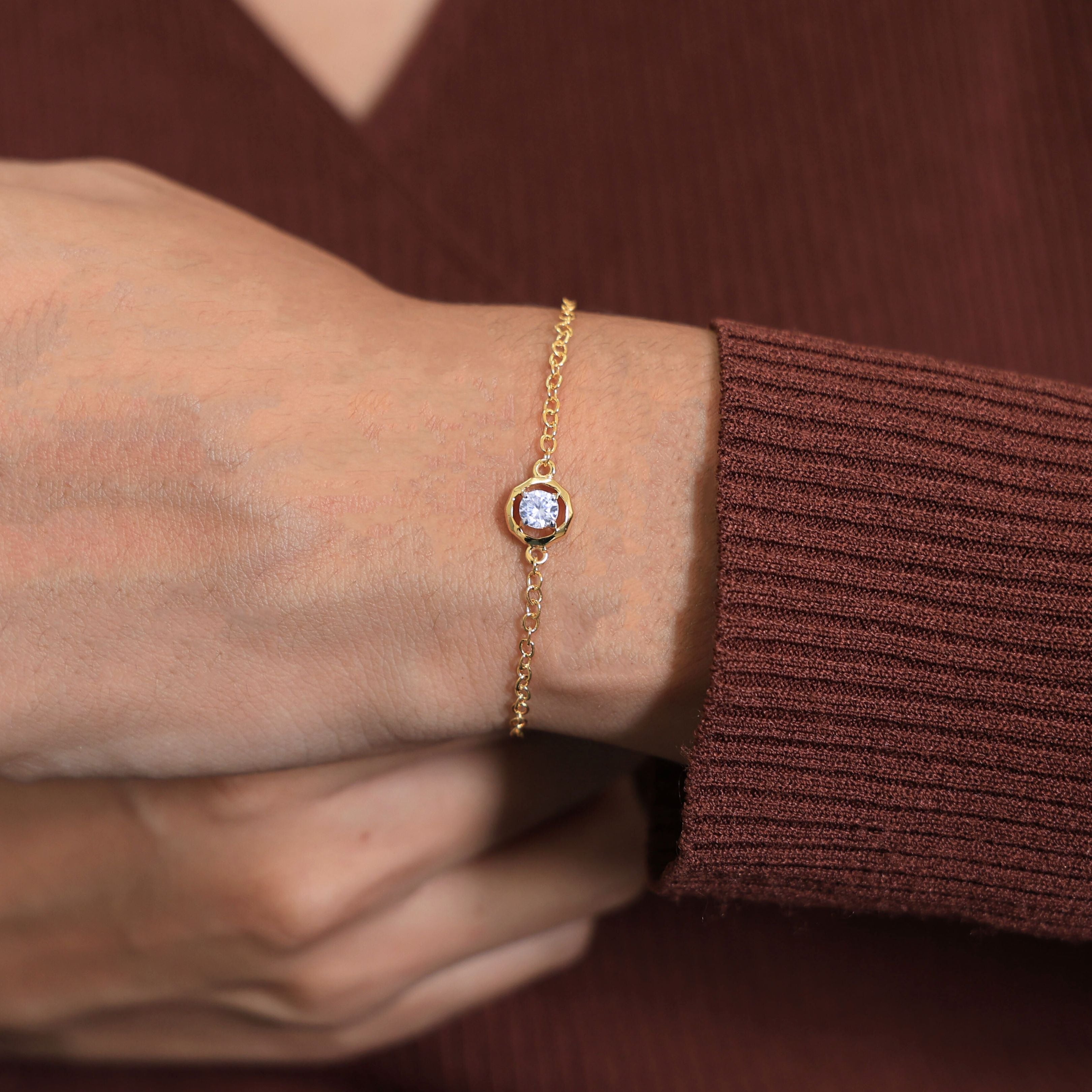 Classic Octagon Shaped Bezel Setting Solitaire Chain Bracelet in 14k Solid Gold, 0.30 CT Round Cut Lab Grown Diamond, Anniversary Gift For Women, Everyday Bracelet