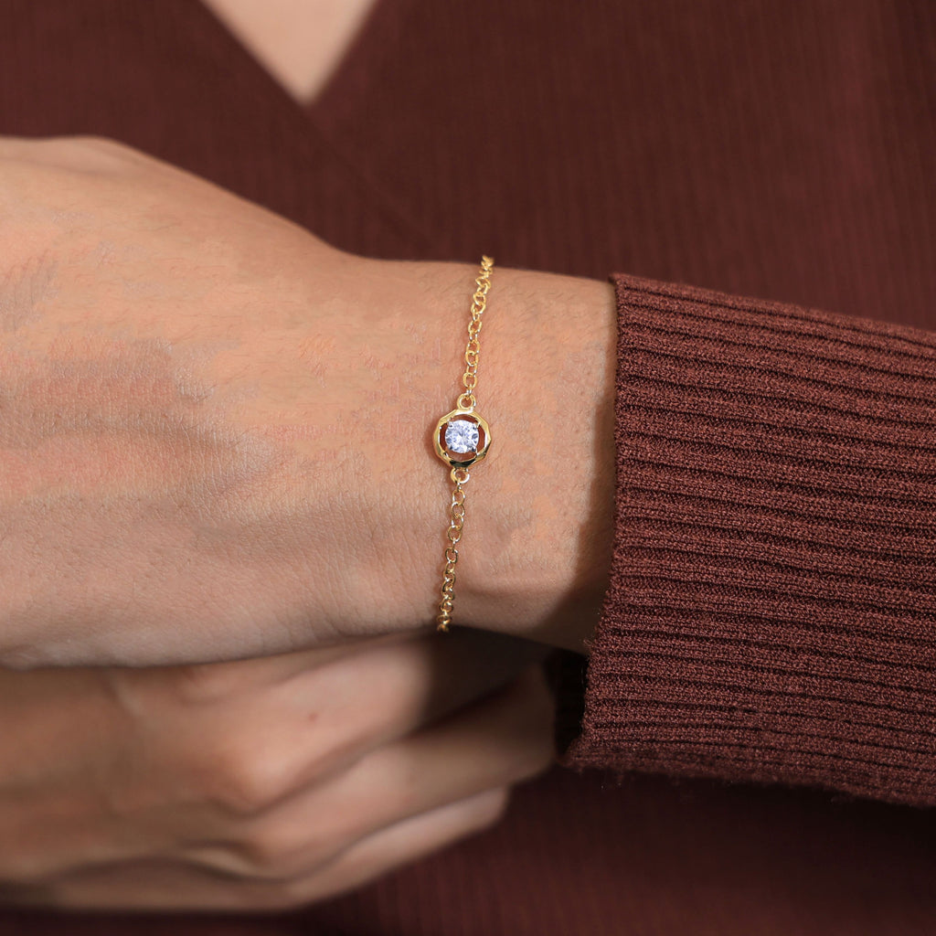 Classic Octagon Shaped Bezel Setting Solitaire Chain Bracelet in 14k Solid Gold, 0.30 CT Round Cut Lab Grown Diamond, Anniversary Gift For Women, Everyday Bracelet