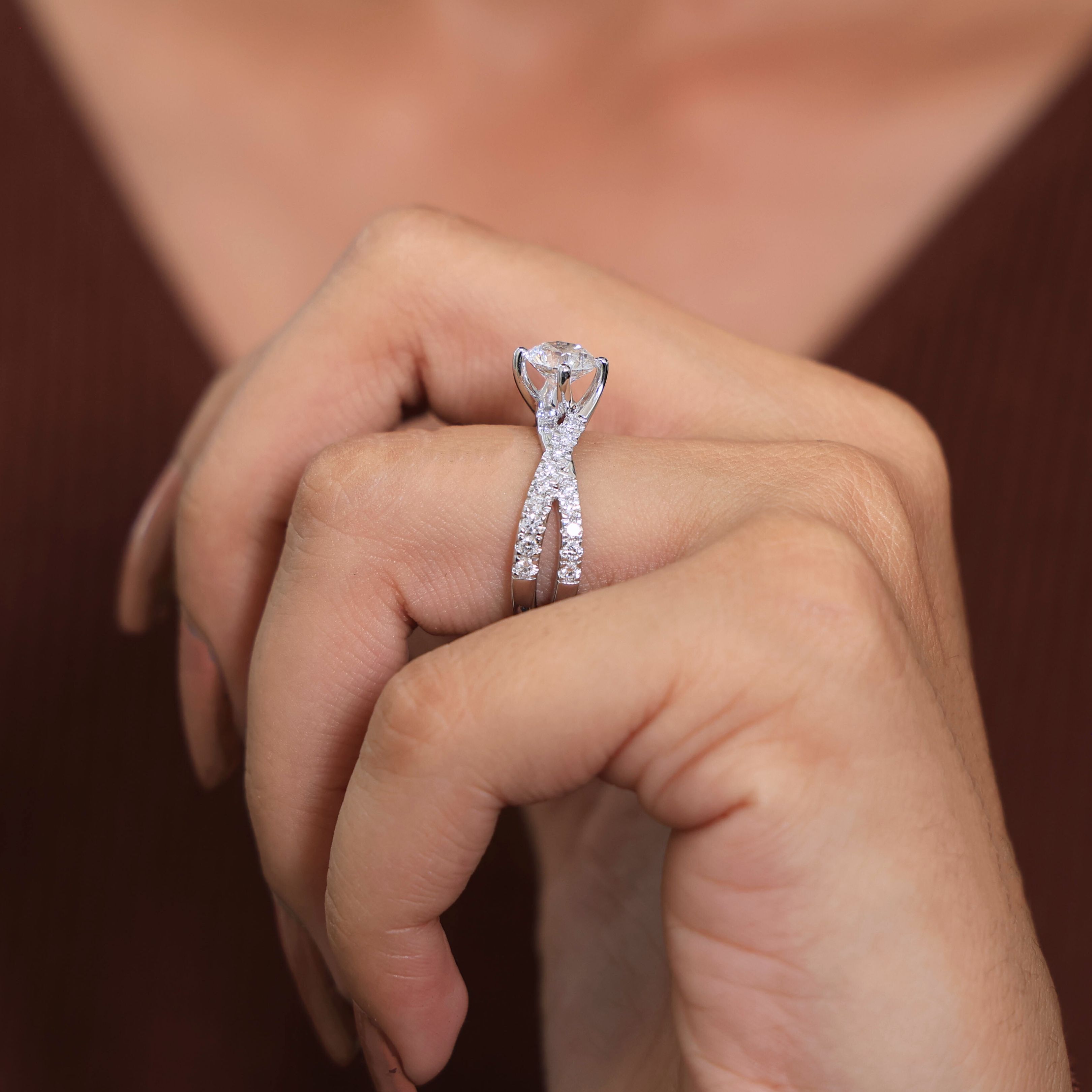 Twist Crossover Pavé Solitaire Engagement Ring in 14k Solid Gold, 1.00 CT Round Cut Lab Grown Diamond, Bypass Ring, Anniversary Gift for Her, Handmade Jewelry