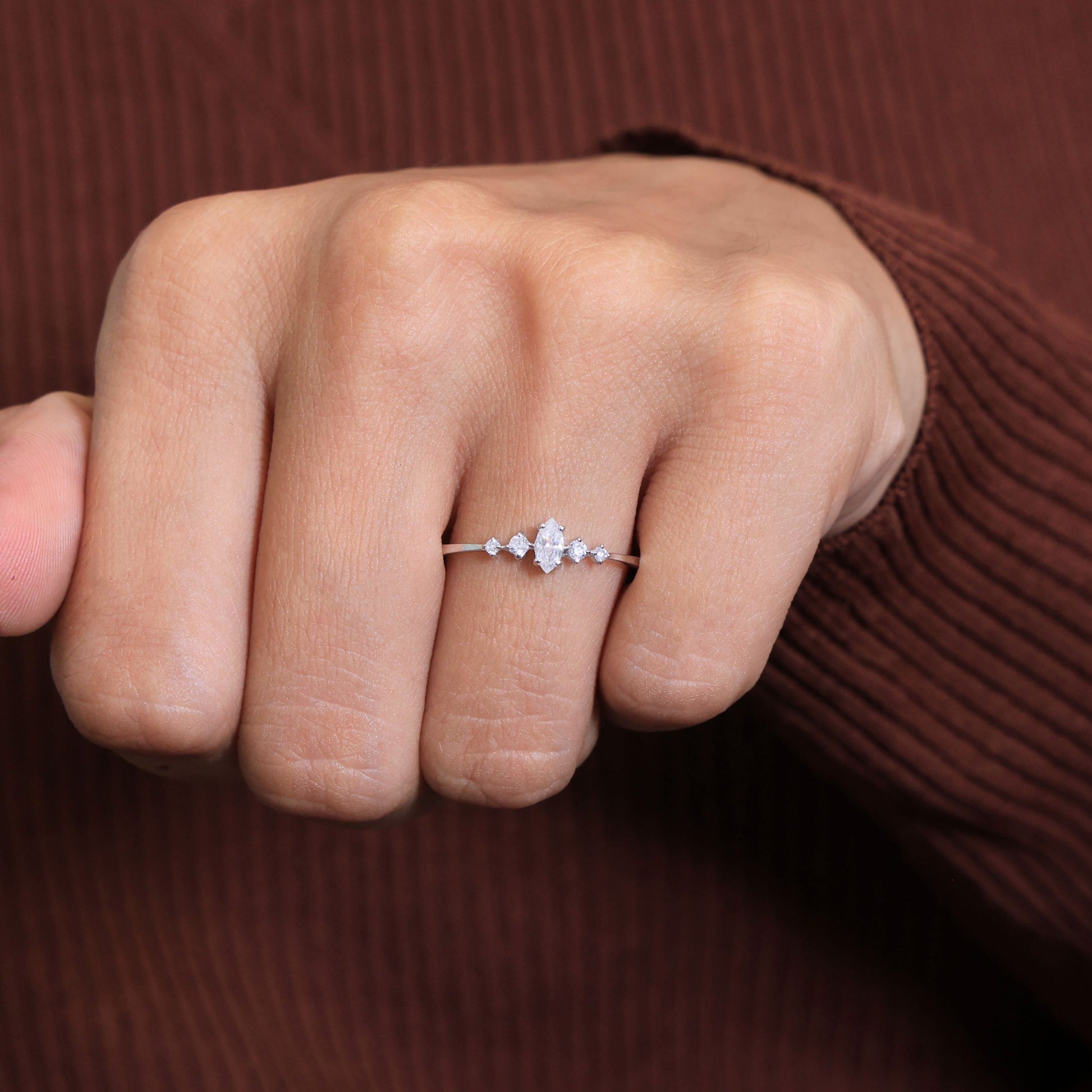 Minimalist Marquise Statement Engagement Ring in 14K Solid Gold, 0.14 CT Marquise Cut Lab Created Diamond, Dainty Ring, Wedding Gift For Wife