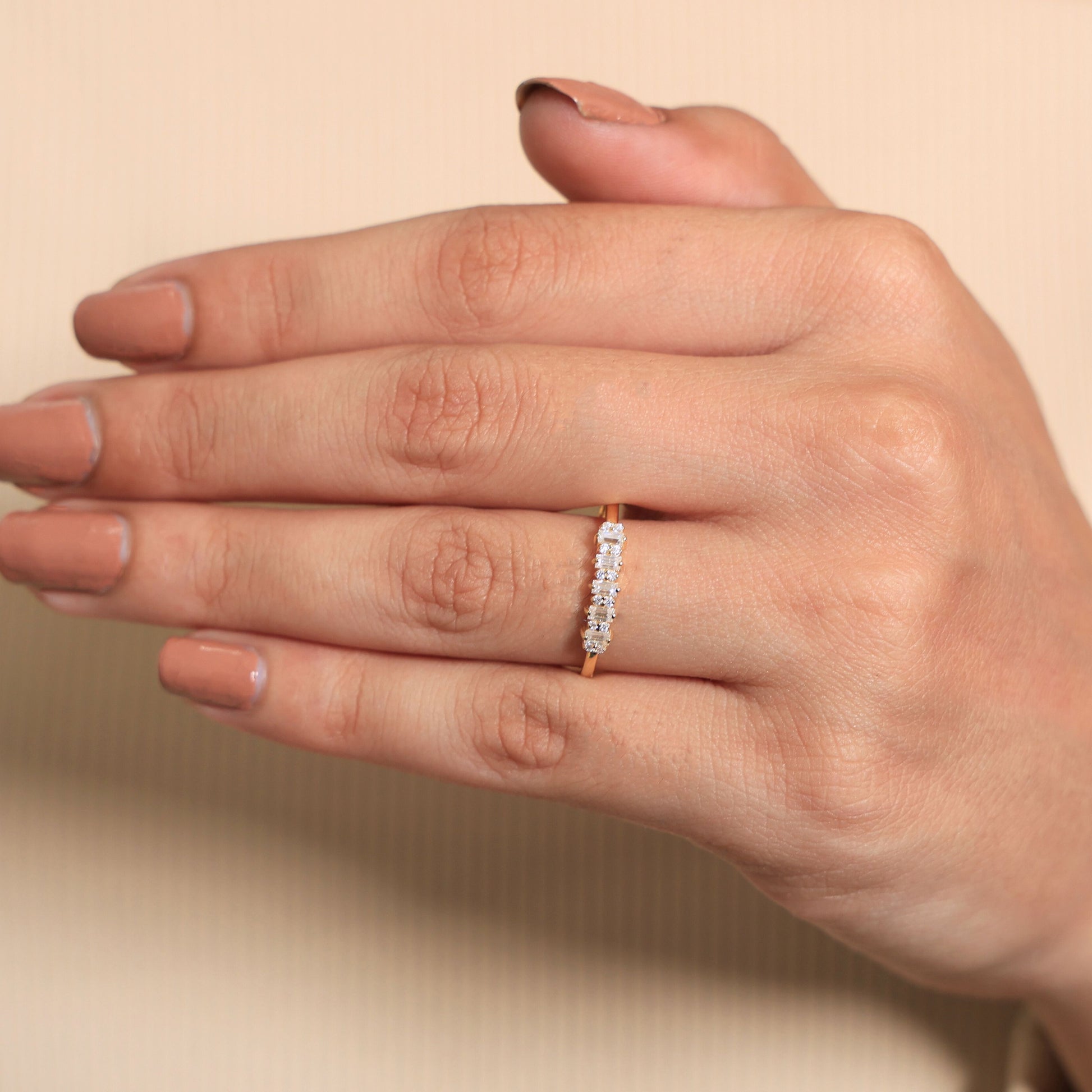 Baguette Bar Set Casual Engagement Ring in 14K Solid Gold, 0.28 TCW Round/Baguette Cut Lab Diamonds, Promise Gift For Her