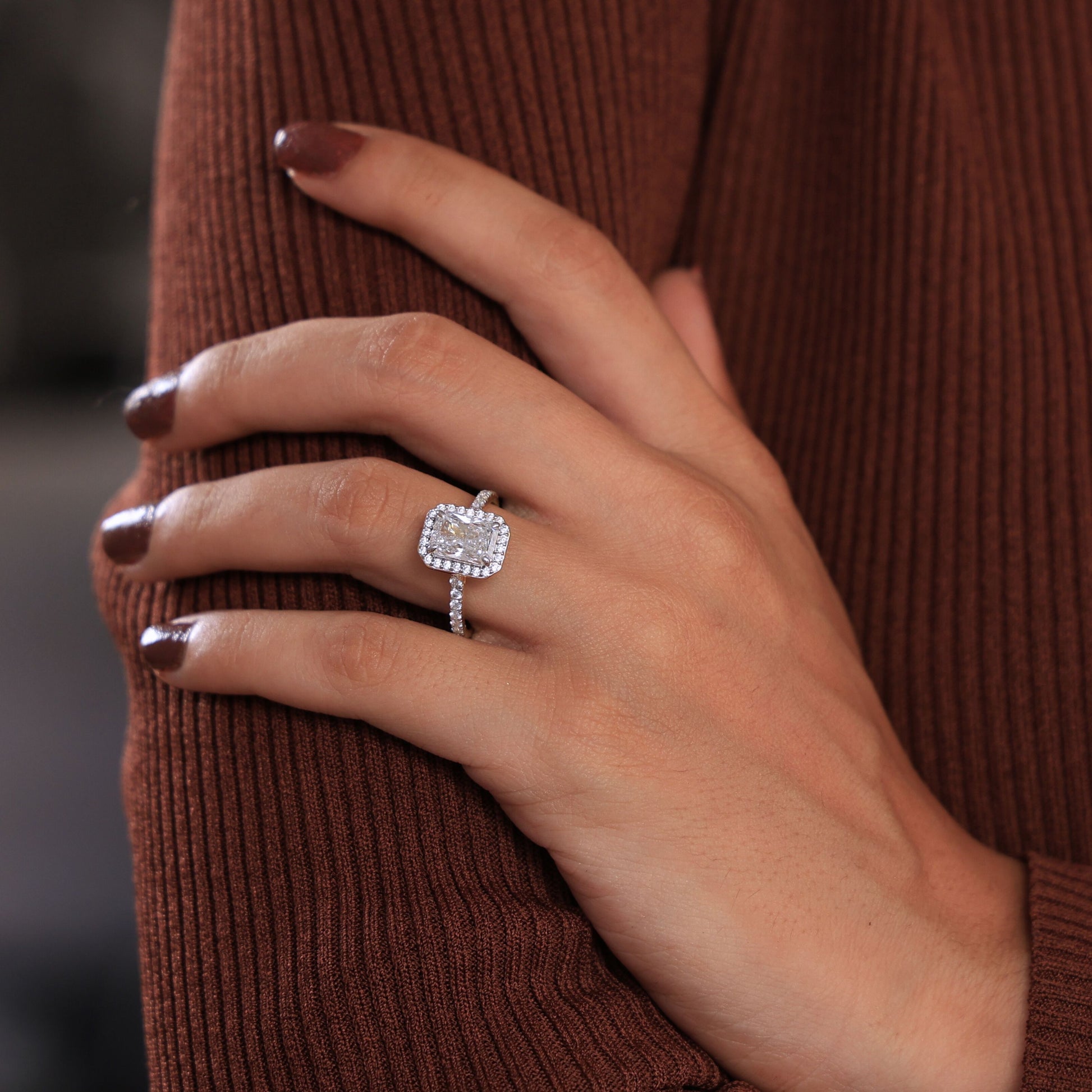 Emerald Cut Halo Pavé Engagement Ring in Lab Grown Diamond-14k Solid Gold, Wedding Ring For Women, Anniversary Gift,
