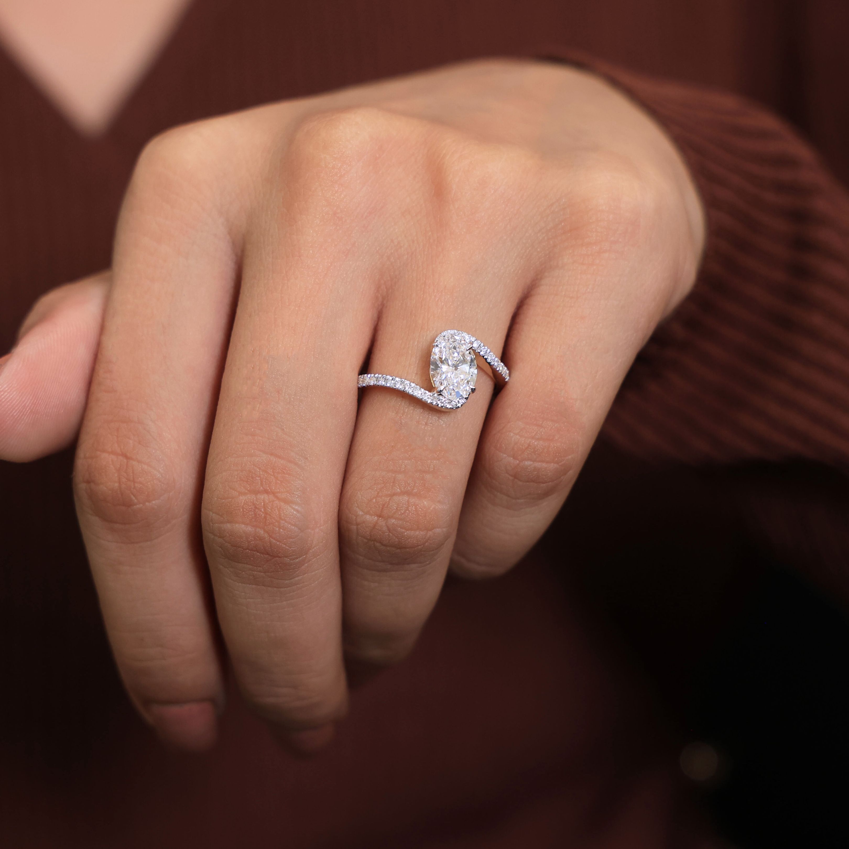 1.00 CT Oval Cut Bypass Solitaire Pave Engagement Ring in Lab Diamond - 14K Solid Gold, Birthday Gift For Her, Everyday Unique Jewelry