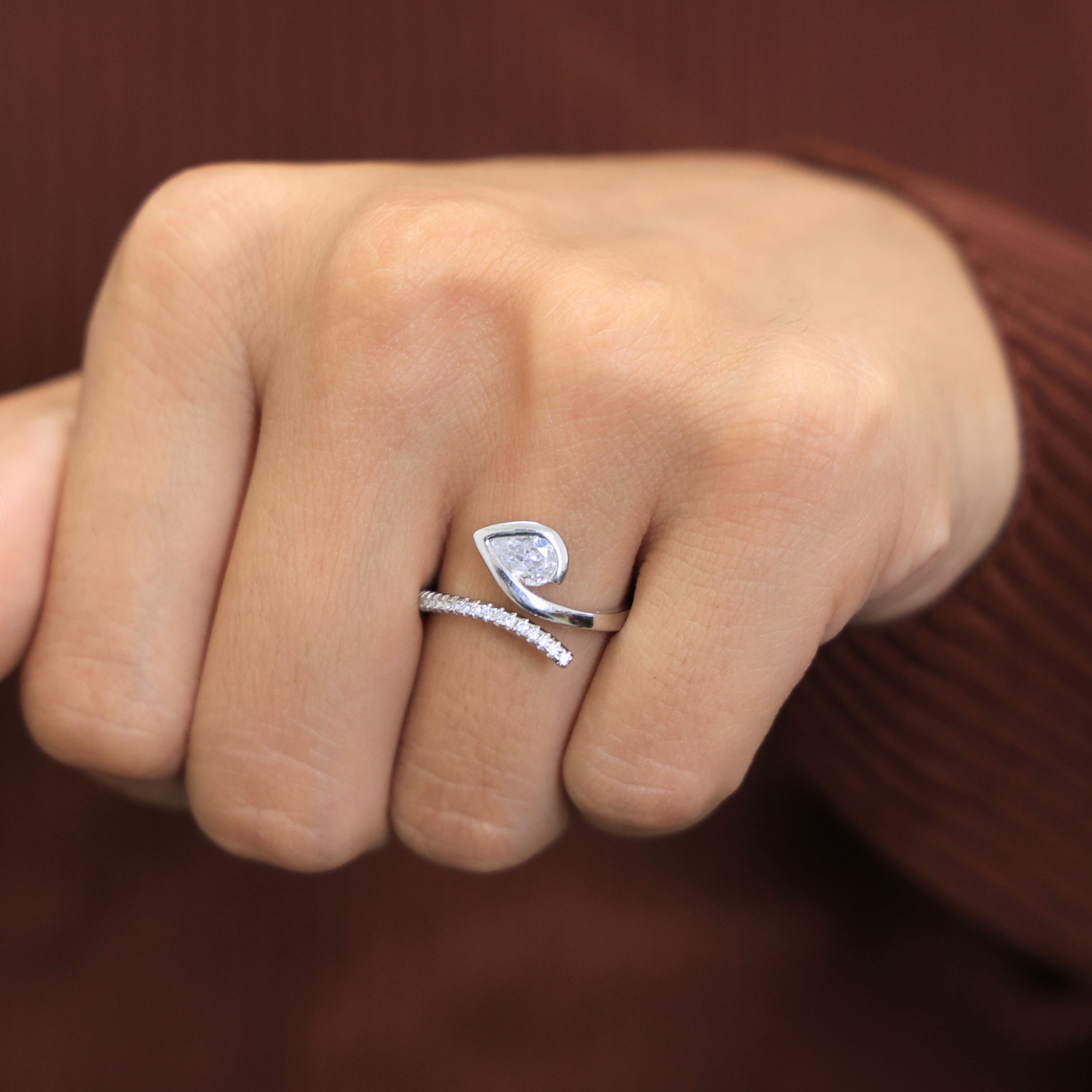 Modern Open Wrap Pear Solitaire Engagement Ring in Lab Diamond – 14k Solid Gold, Wedding Gift for Her, Handmade Bridal Jewelry
