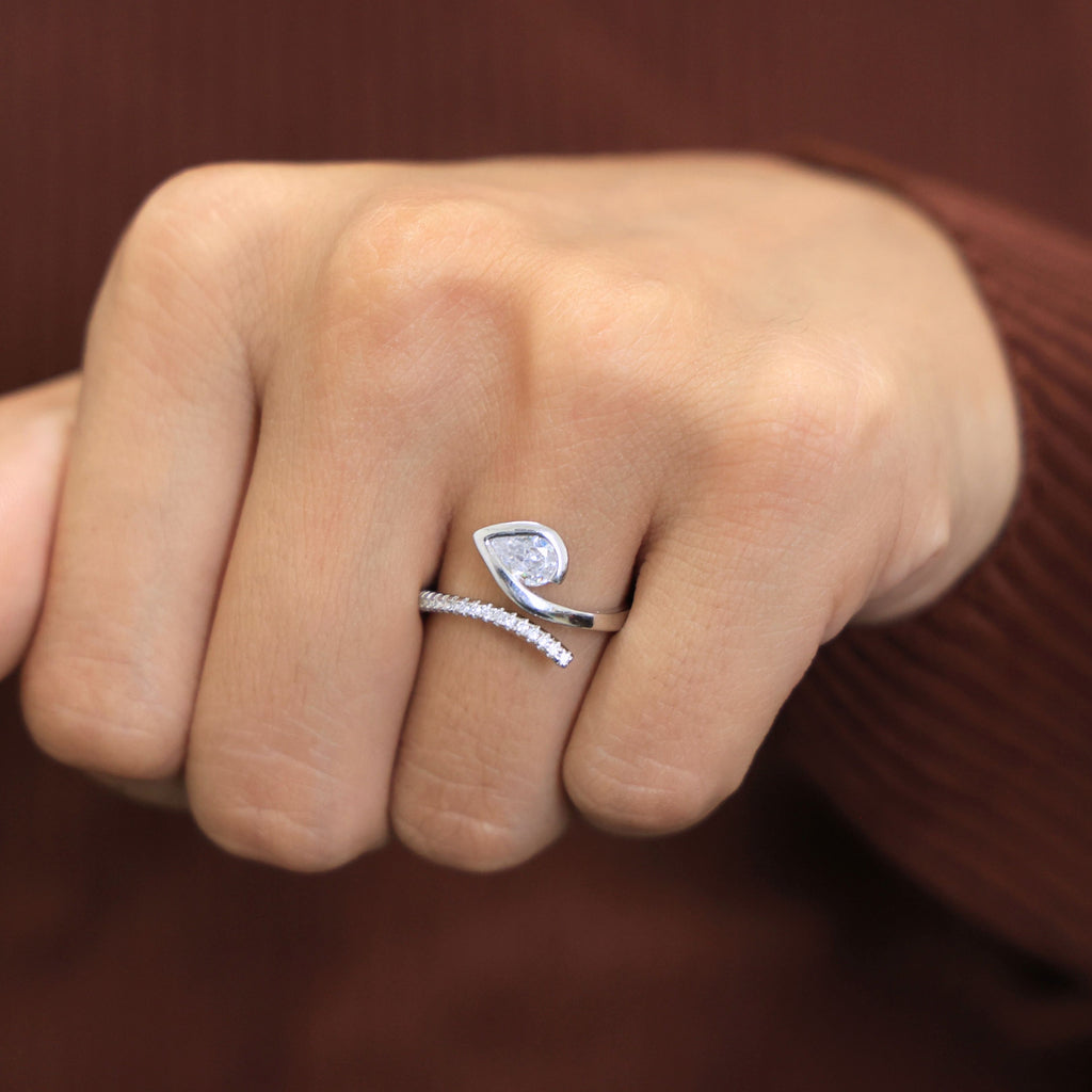 Modern Open Wrap Pear Solitaire Engagement Ring in Lab Diamond – 14k Solid Gold, Wedding Gift for Her, Handmade Bridal Jewelry