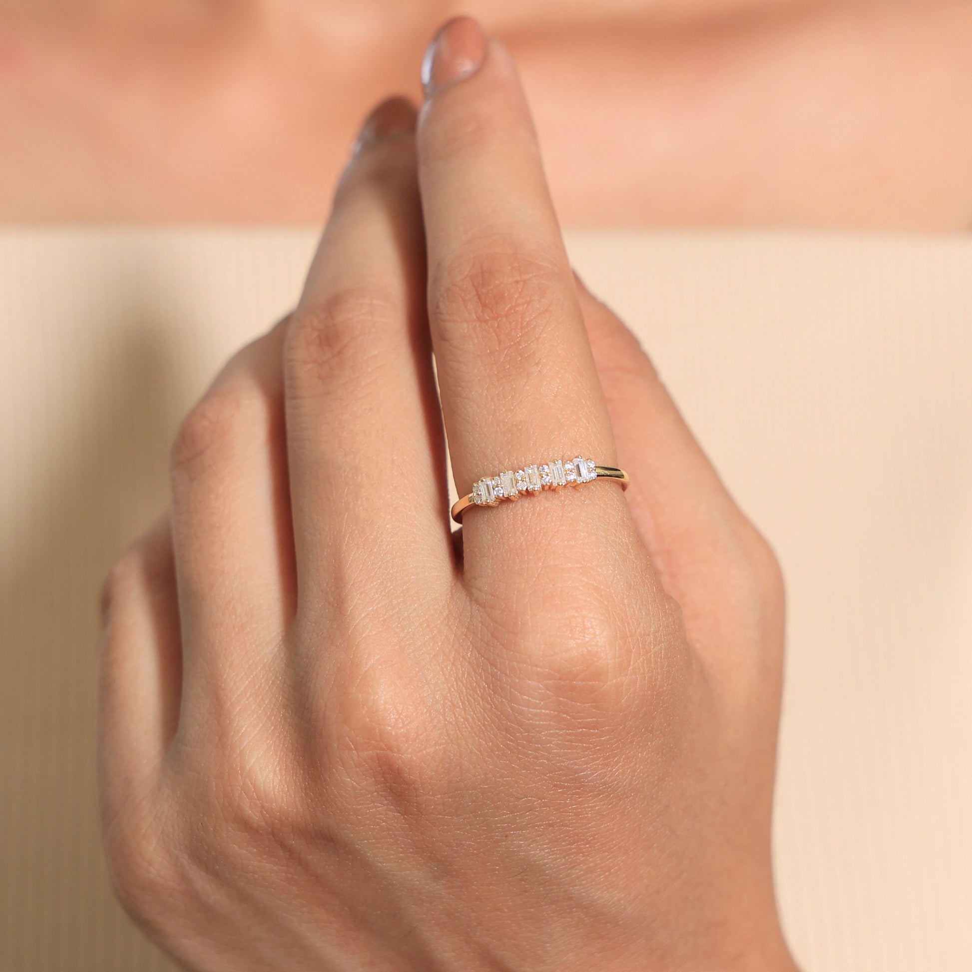 Baguette Bar Set Casual Engagement Ring in 14K Solid Gold, 0.28 TCW Round/Baguette Cut Lab Diamonds, Promise Gift For Her