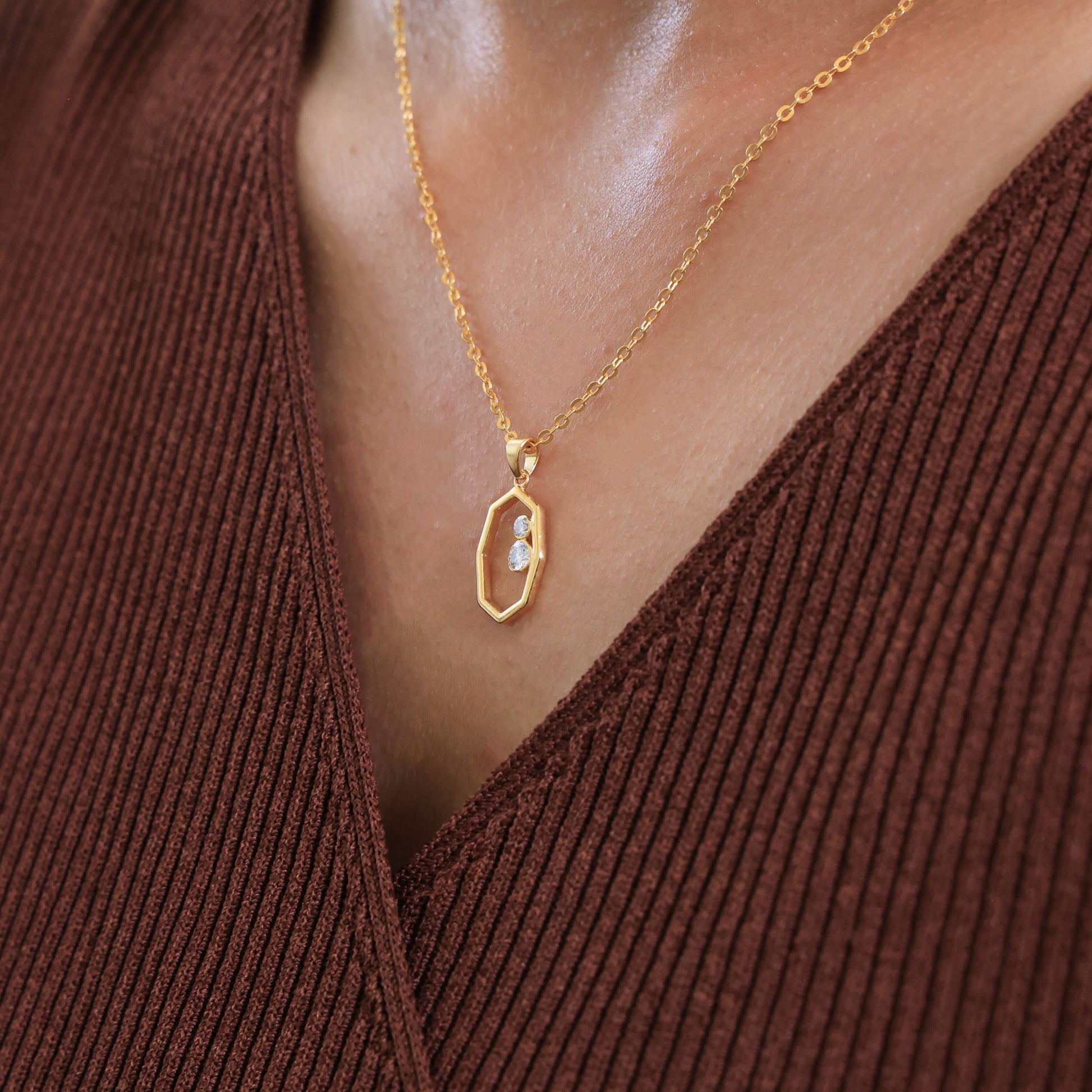 Modern Open Hexagon Two Stone Daily Wear Pendant in 14K Solid Gold, 0.15 TCW Round Cut Lab Grown Diamonds, Birthday Gift for Her, Everyday Jewelry