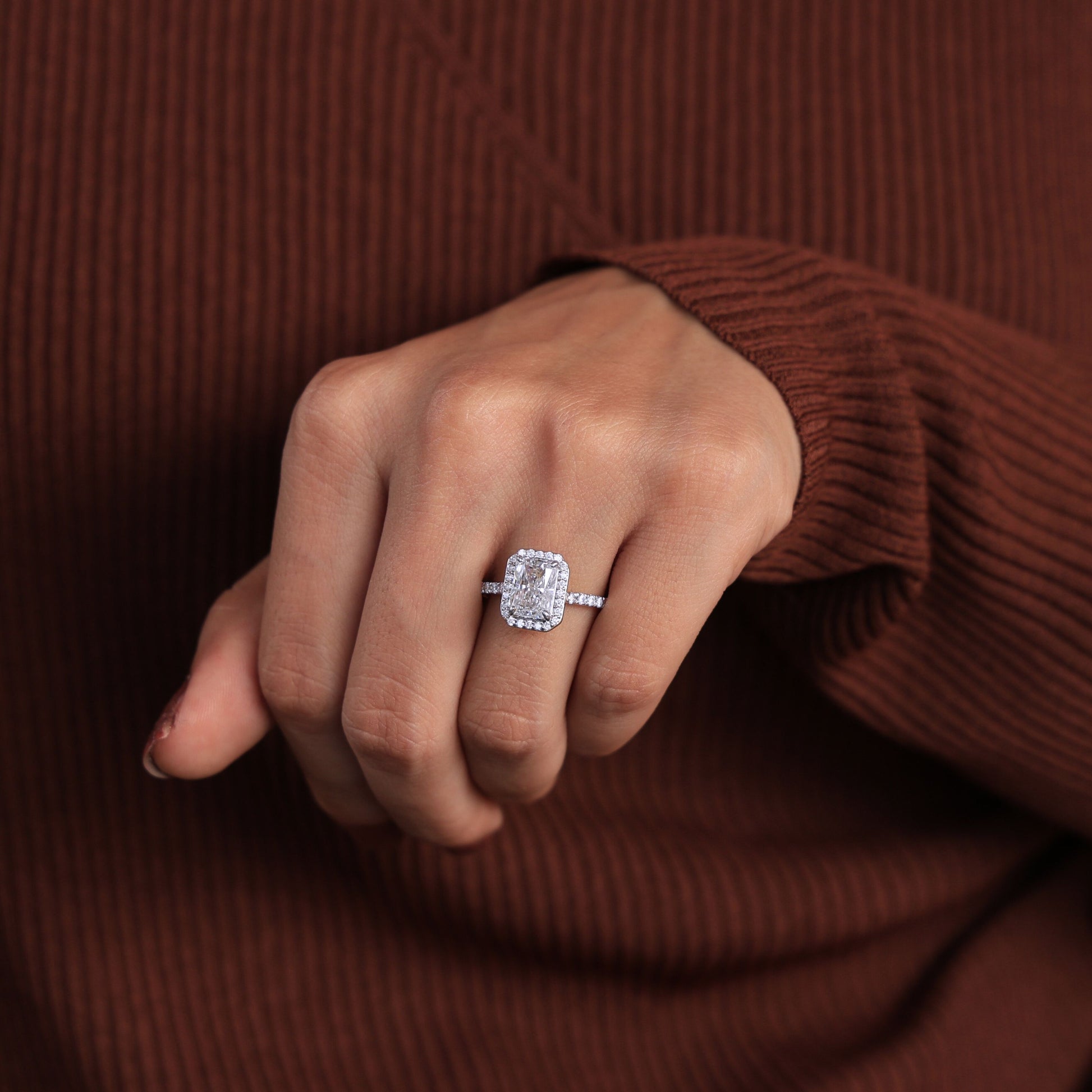 Emerald Cut Halo Pavé Engagement Ring in Lab Grown Diamond-14k Solid Gold, Wedding Ring For Women, Anniversary Gift,