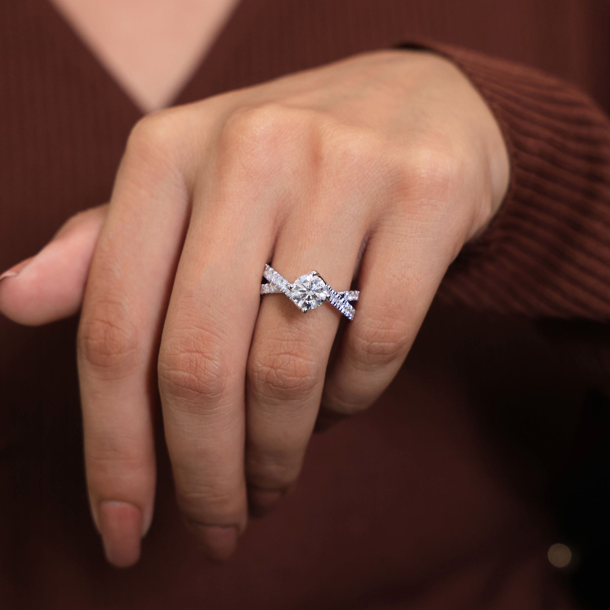 Twist Crossover Pavé Solitaire Engagement Ring in 14k Solid Gold, 1.00 CT Round Cut Lab Grown Diamond, Bypass Ring, Anniversary Gift for Her, Handmade Jewelry