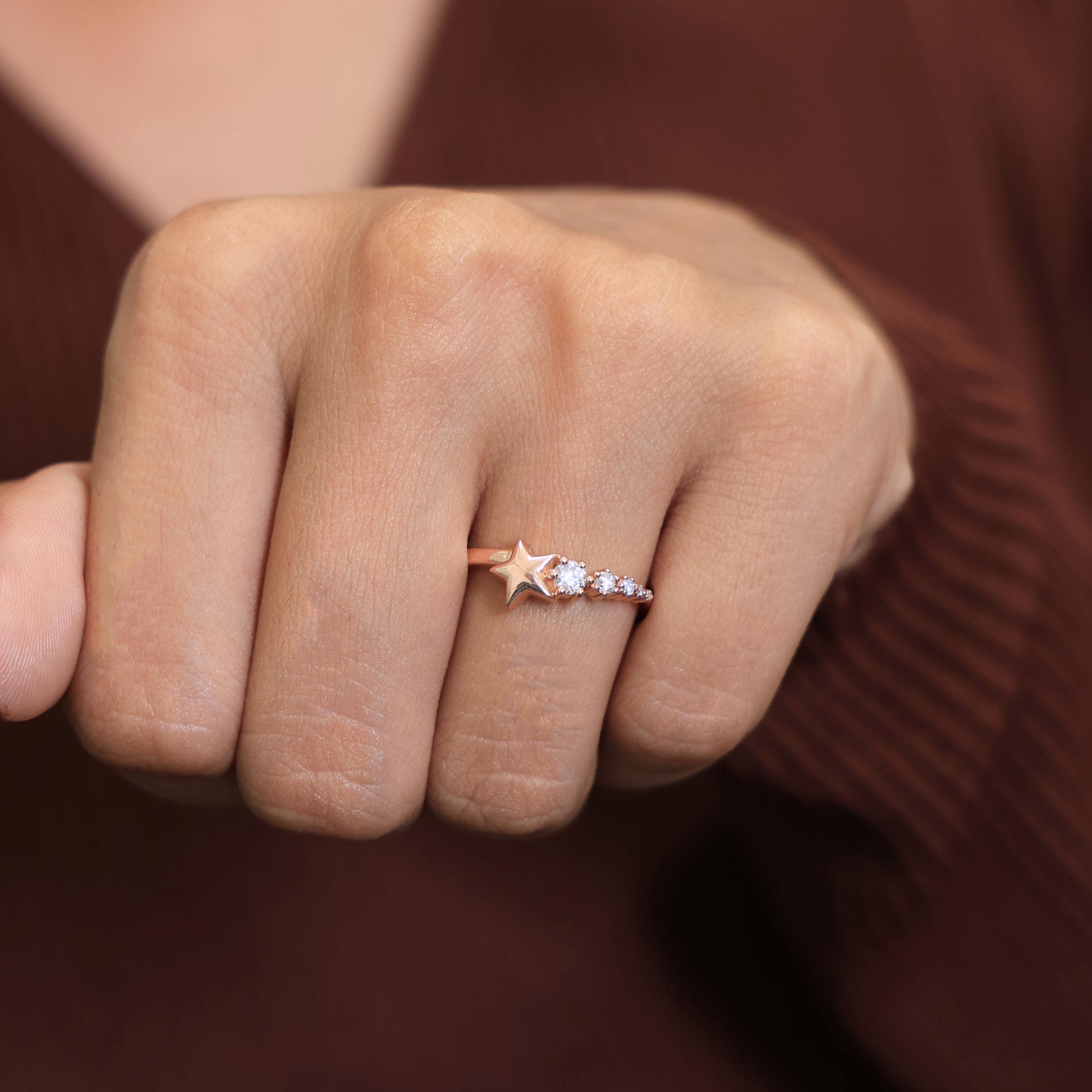 Dainty Five Star Antique Engagement Ring in 14K Solid Gold, 0.16 TCW Round Cut Lab Created Diamonds, Minimalist Promise Ring, Fashion Jewelry