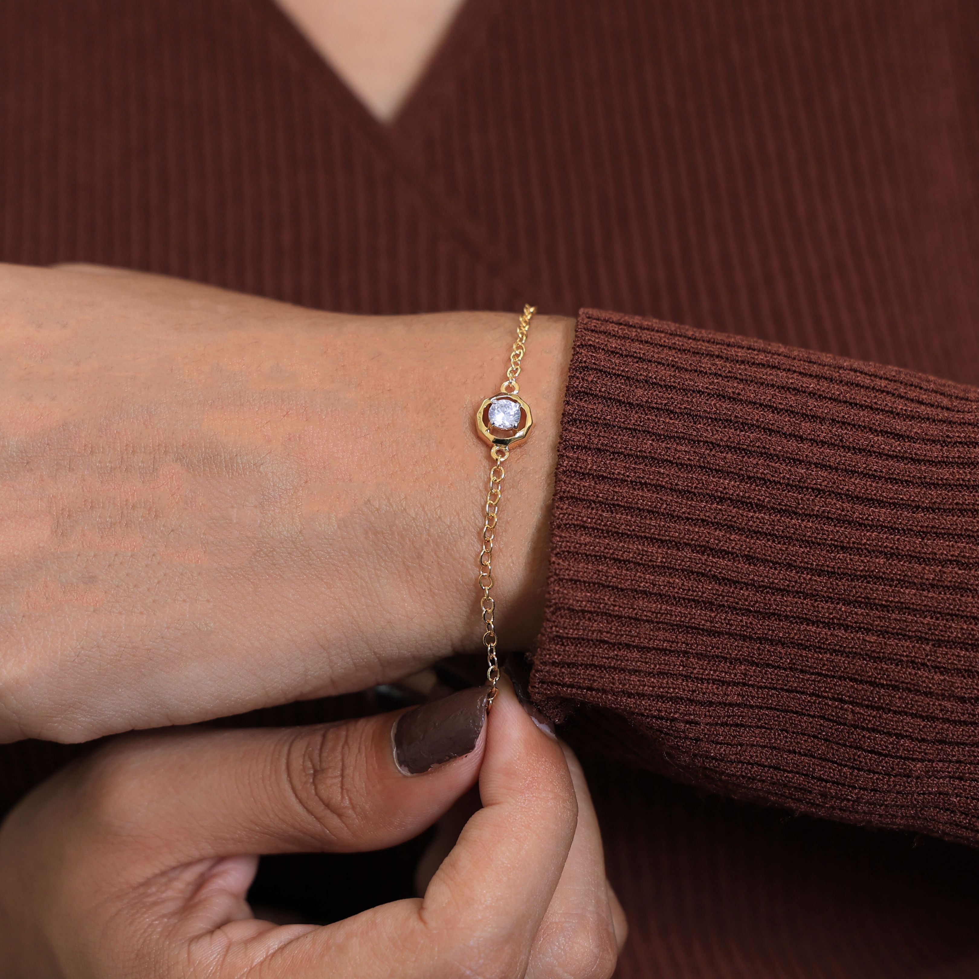 Classic Octagon Shaped Bezel Setting Solitaire Chain Bracelet in 14k Solid Gold, 0.30 CT Round Cut Lab Grown Diamond, Anniversary Gift For Women, Everyday Bracelet