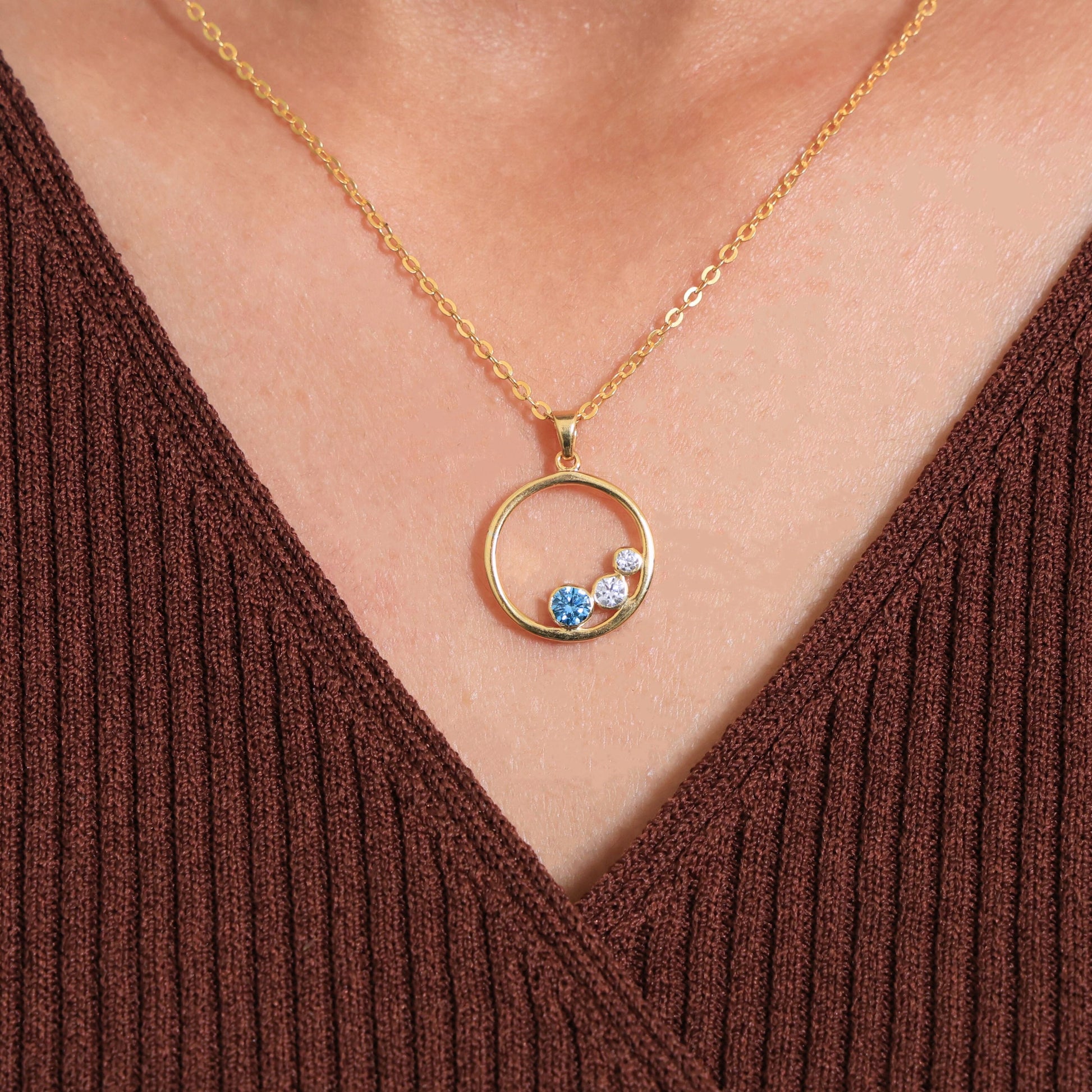 Floating Three Stone Circle Wedding Pendant in 14K Solid Gold, 0.30 TCW Round Cut Gemstone/Lab Created Diamond, Everyday Gift for Wife, Anniversary Jewelry