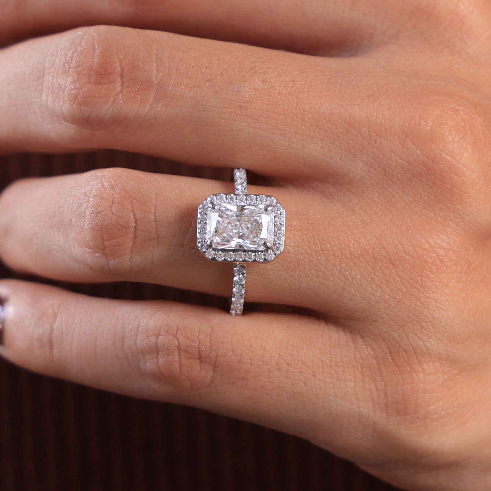 Emerald Cut Halo Pavé Engagement Ring in Lab Grown Diamond-14k Solid Gold, Wedding Ring For Women, Anniversary Gift,