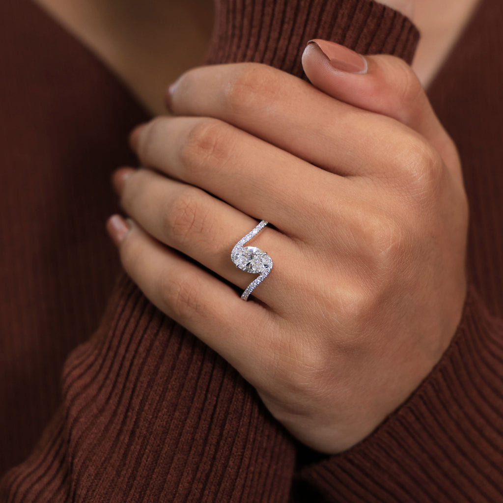 1.00 CT Oval Cut Bypass Solitaire Pave Engagement Ring in Lab Diamond - 14K Solid Gold, Birthday Gift For Her, Everyday Unique Jewelry