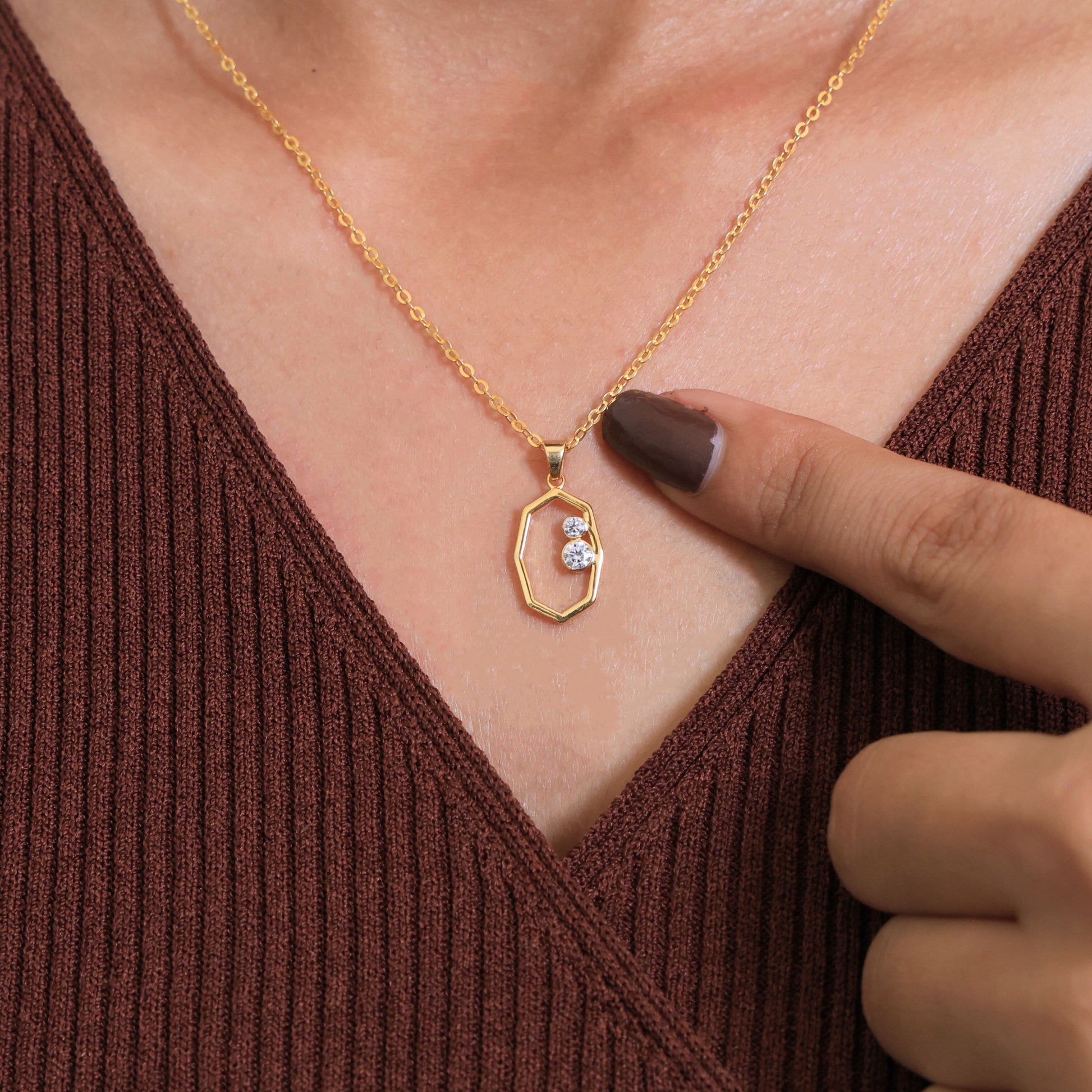 Modern Open Hexagon Two Stone Daily Wear Pendant in 14K Solid Gold, 0.15 TCW Round Cut Lab Grown Diamonds, Birthday Gift for Her, Everyday Jewelry