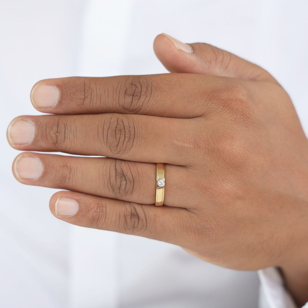 Modern Half-Bezel Solitaire Wedding Band in 14k Solid Gold, 0.10 CT Round Cut Lab Grown Diamond, Birthday Gift for Him, Anniversary Gift