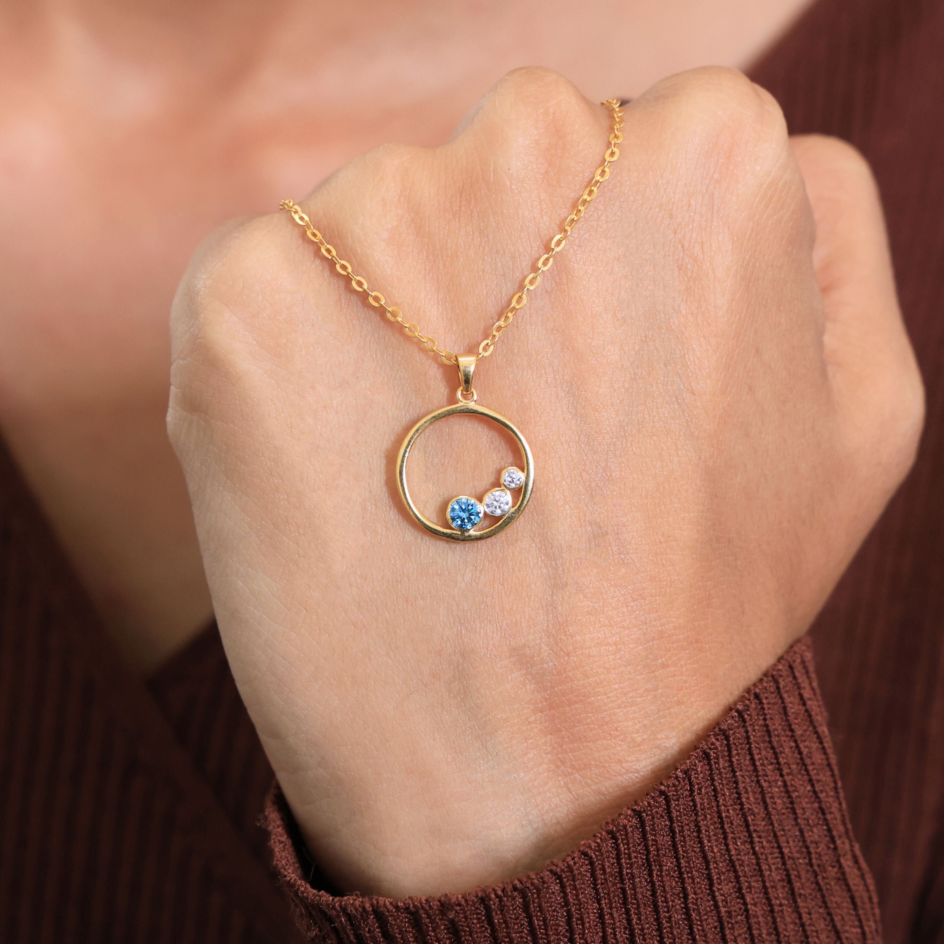 Floating Three Stone Circle Wedding Pendant in 14K Solid Gold, 0.30 TCW Round Cut Gemstone/Lab Created Diamond, Everyday Gift for Wife, Anniversary Jewelry