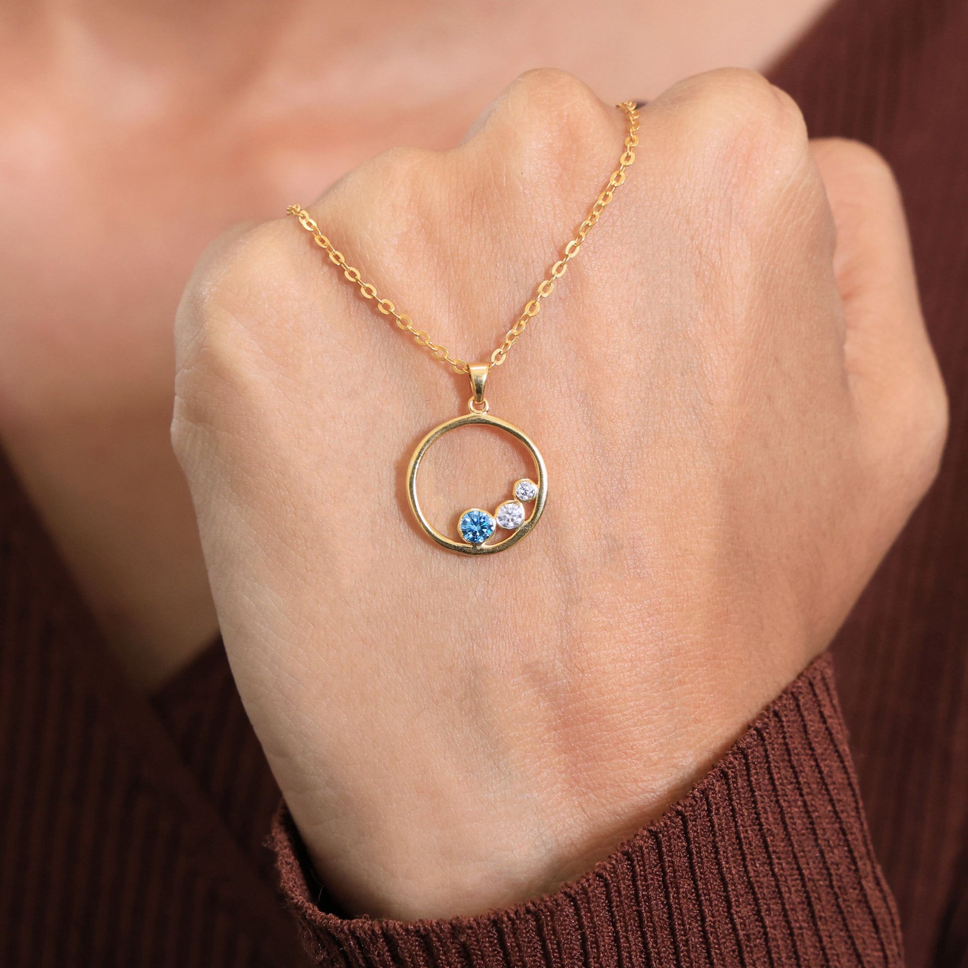 Floating Three Stone Circle Wedding Pendant in 14K Solid Gold, 0.30 TCW Round Cut Gemstone/Lab Created Diamond, Everyday Gift for Wife, Anniversary Jewelry