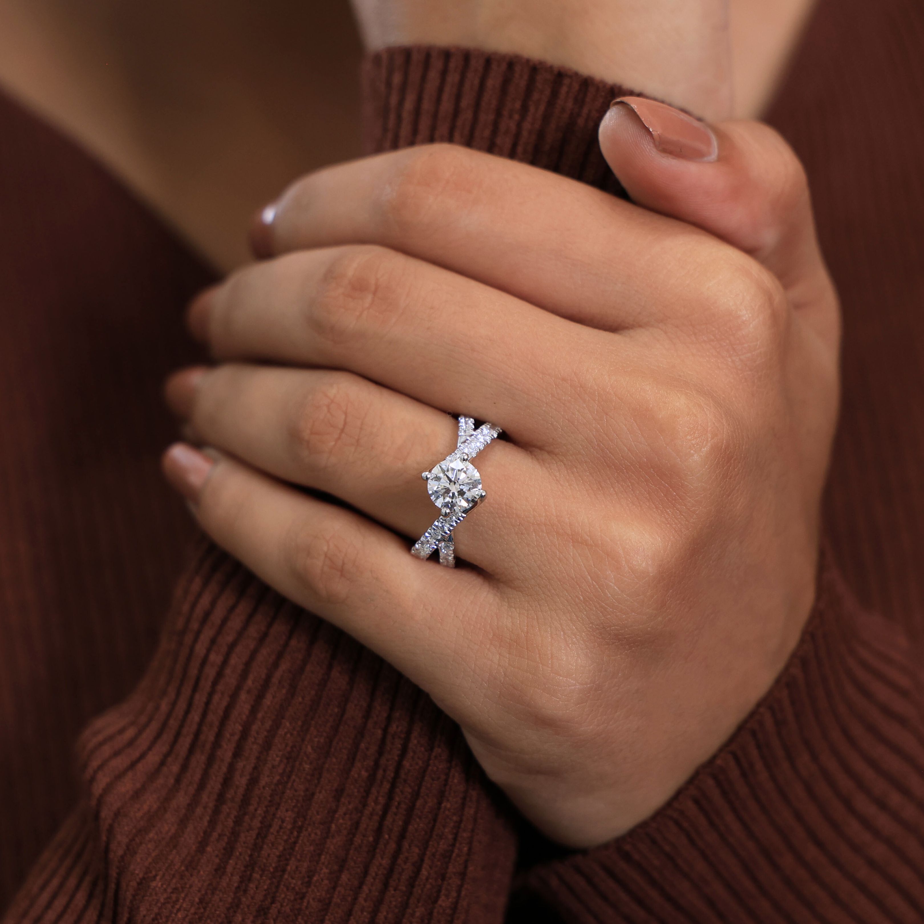 Twist Crossover Pavé Solitaire Engagement Ring in 14k Solid Gold, 1.00 CT Round Cut Lab Grown Diamond, Bypass Ring, Anniversary Gift for Her, Handmade Jewelry