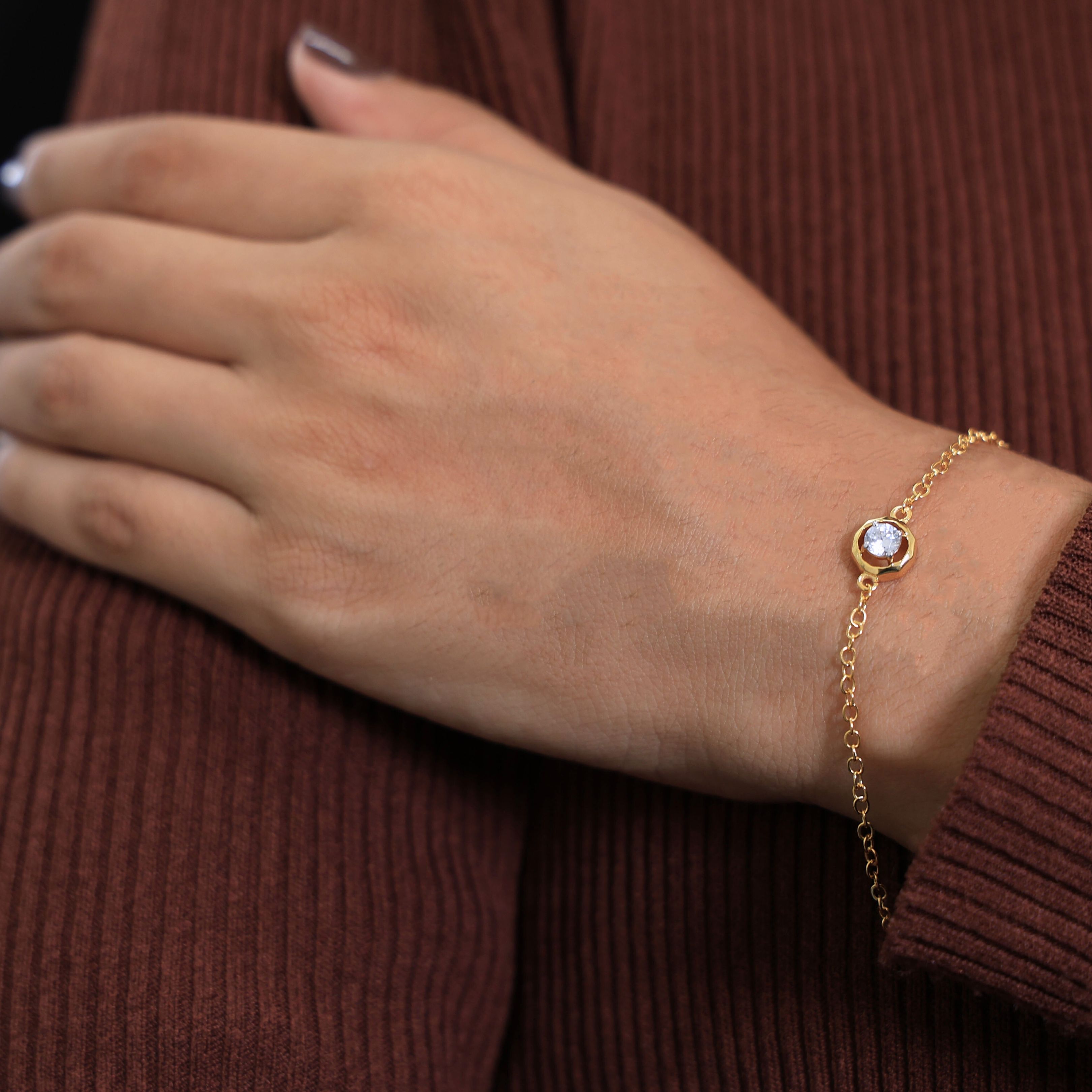 Classic Octagon Shaped Bezel Setting Solitaire Chain Bracelet in 14k Solid Gold, 0.30 CT Round Cut Lab Grown Diamond, Anniversary Gift For Women, Everyday Bracelet