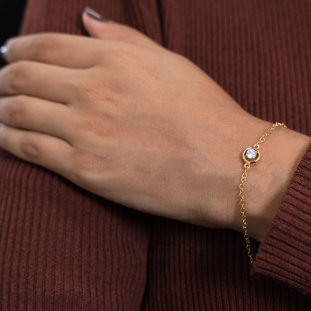 Classic Octagon Shaped Bezel Setting Solitaire Chain Bracelet in 14k Solid Gold, 0.30 CT Round Cut Lab Grown Diamond, Anniversary Gift For Women, Everyday Bracelet