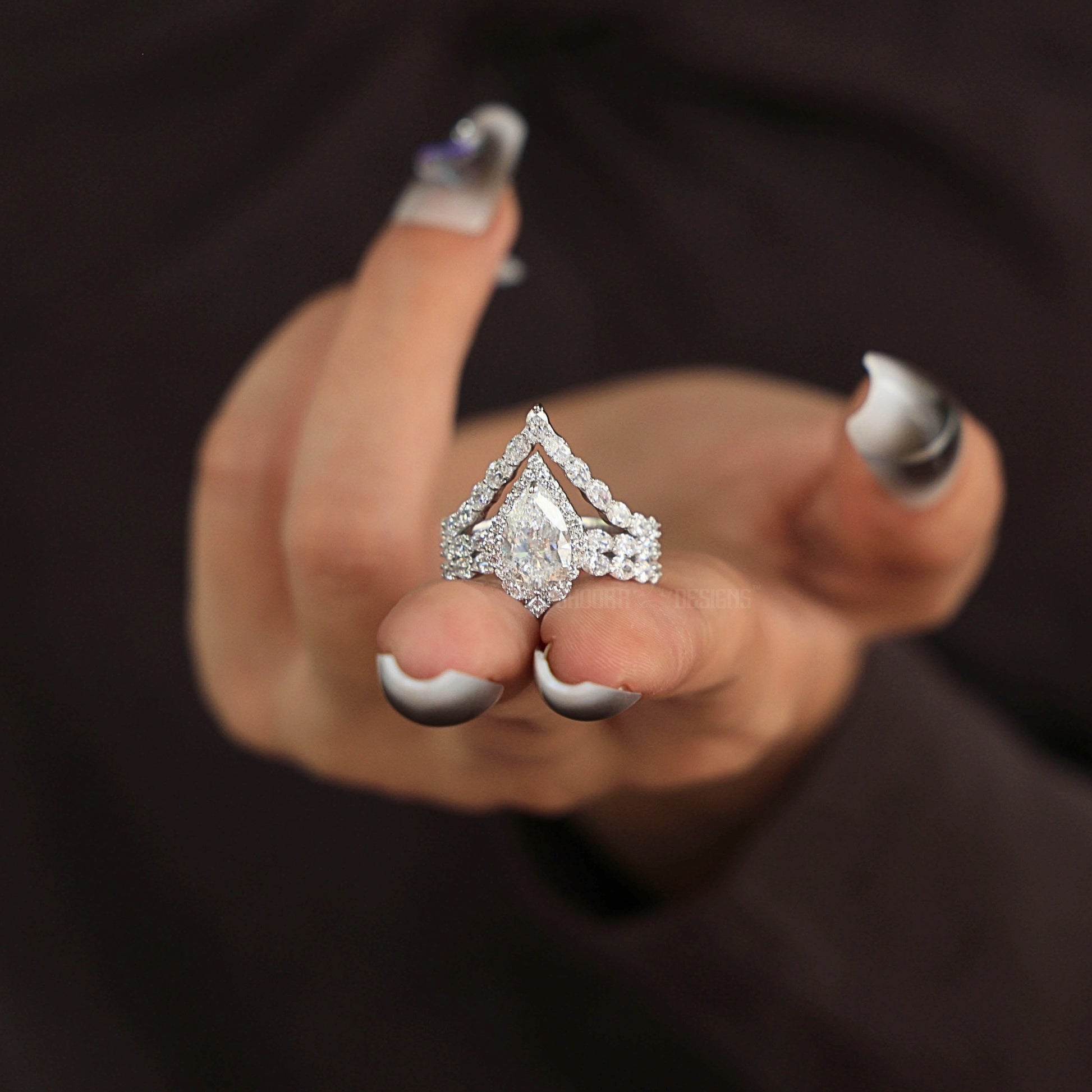 Elegant Pear Halo Chevron Ring Set in 14K White Gold with Lab Diamond, Wedding Bridal Set For Women, Handmade Jewelry
