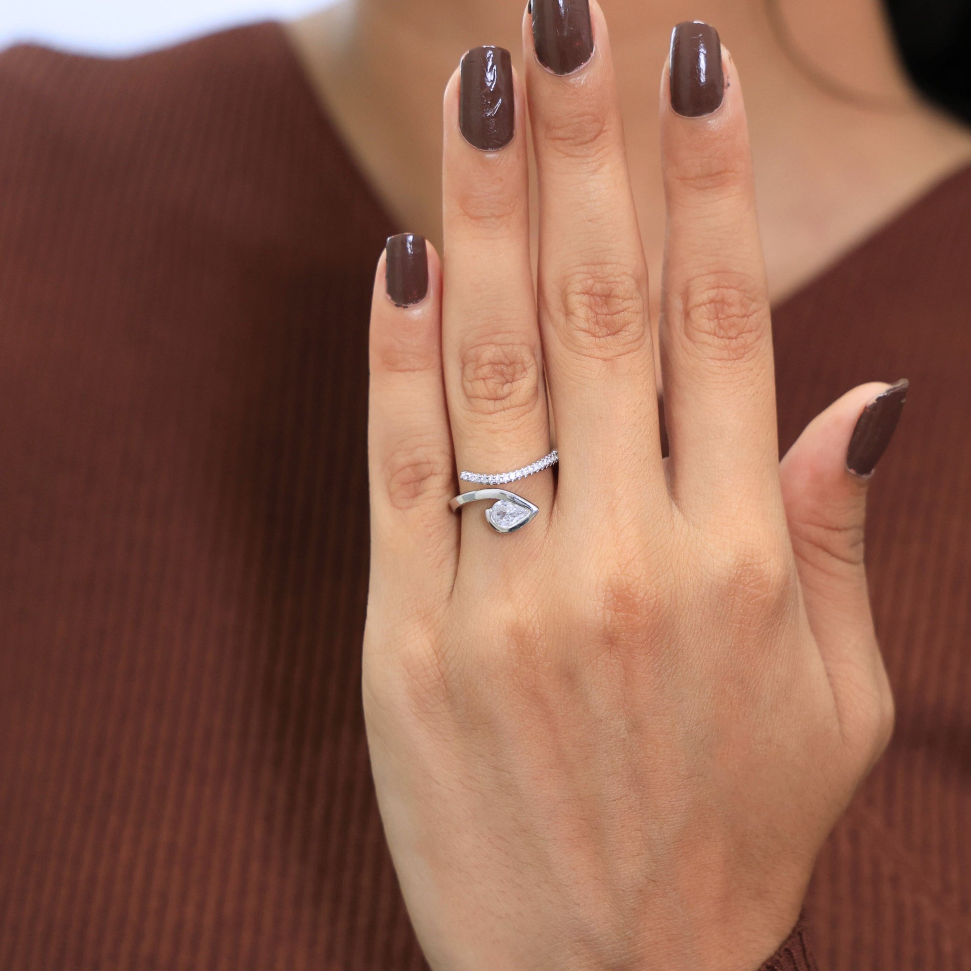 Modern Open Wrap Pear Solitaire Engagement Ring in Lab Diamond – 14k Solid Gold, Wedding Gift for Her, Handmade Bridal Jewelry