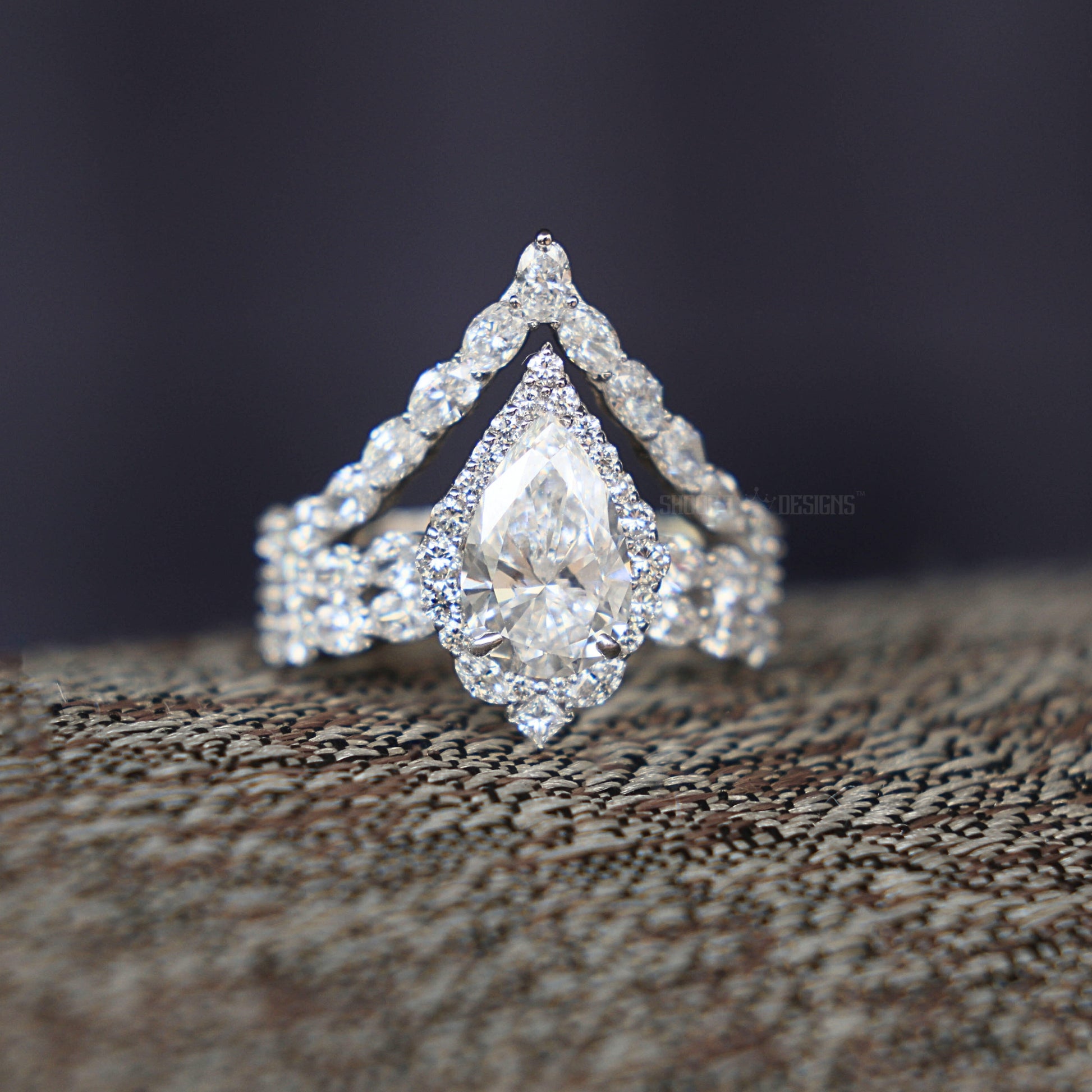 Elegant Pear Halo Chevron Ring Set in 14K White Gold with Lab Diamond, Wedding Bridal Set For Women, Handmade Jewelry