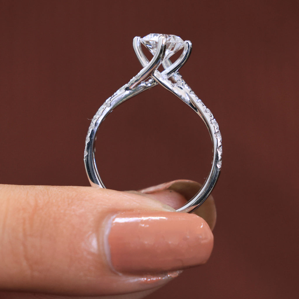 Twist Crossover Pavé Solitaire Engagement Ring in 14k Solid Gold, 1.00 CT Round Cut Lab Grown Diamond, Bypass Ring, Anniversary Gift for Her, Handmade Jewelry