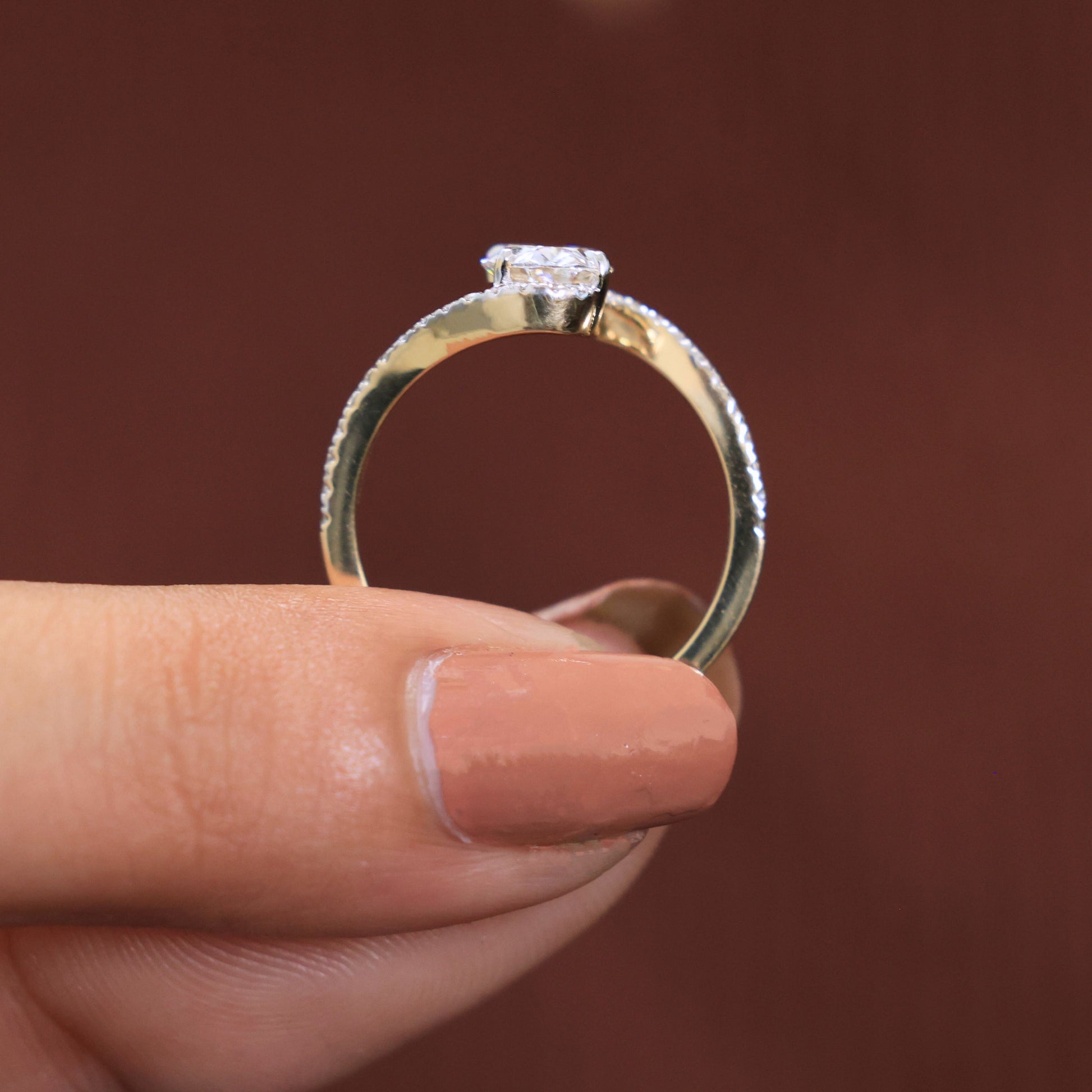 1.00 CT Oval Cut Bypass Solitaire Pave Engagement Ring in Lab Diamond - 14K Solid Gold, Birthday Gift For Her, Everyday Unique Jewelry