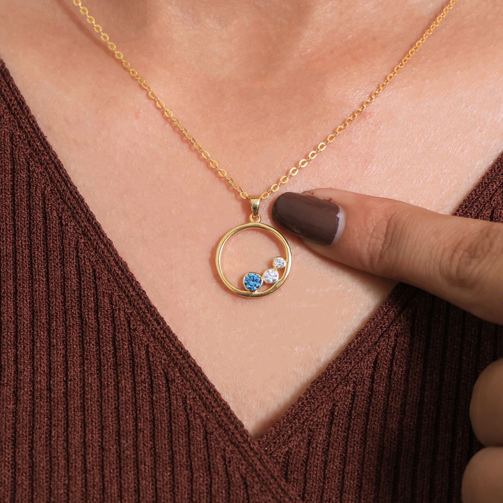 Floating Three Stone Circle Wedding Pendant in 14K Solid Gold, 0.30 TCW Round Cut Gemstone/Lab Created Diamond, Everyday Gift for Wife, Anniversary Jewelry