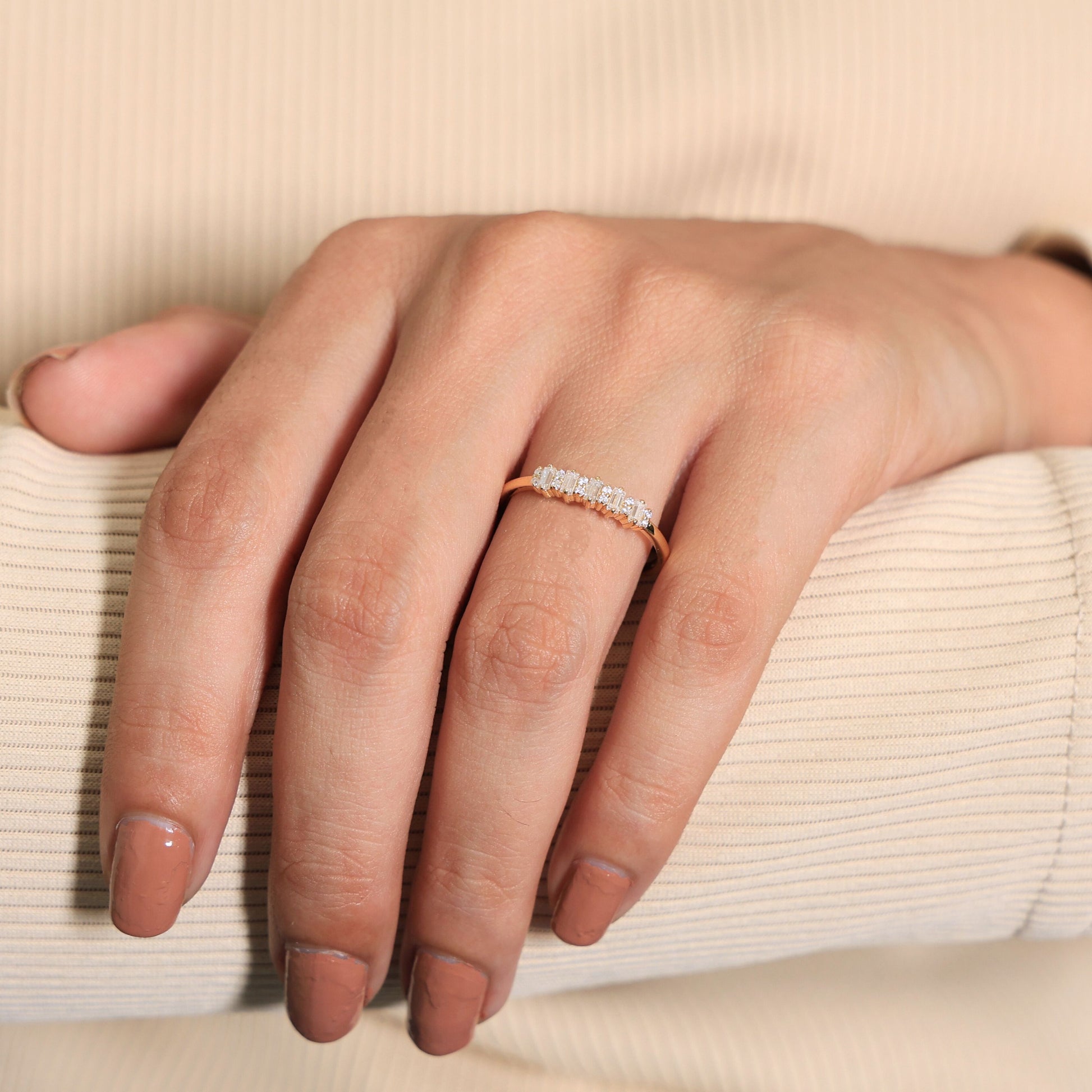 Baguette Bar Set Casual Engagement Ring in 14K Solid Gold, 0.28 TCW Round/Baguette Cut Lab Diamonds, Promise Gift For Her