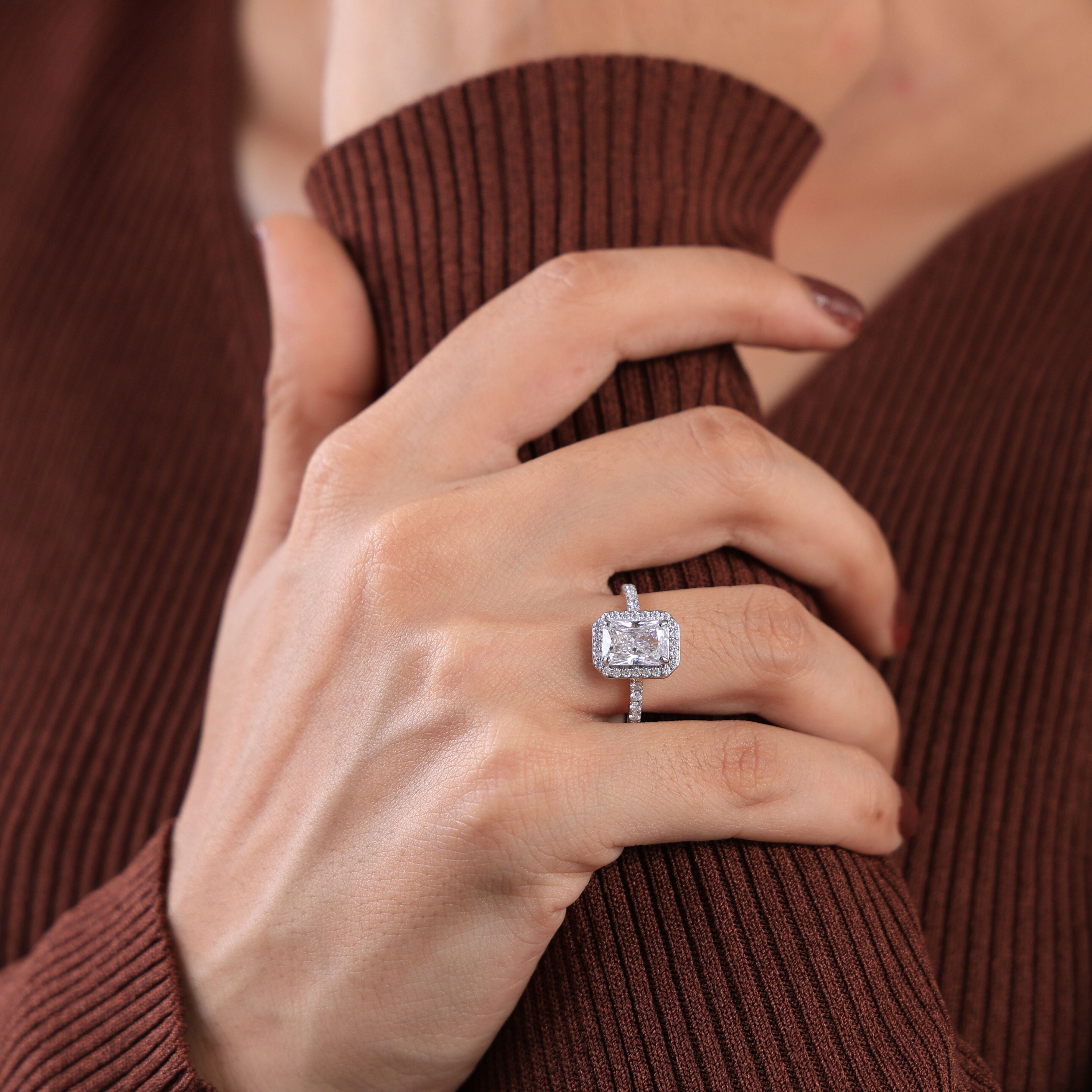 Emerald Cut Halo Pavé Engagement Ring in Lab Grown Diamond-14k Solid Gold, Wedding Ring For Women, Anniversary Gift,