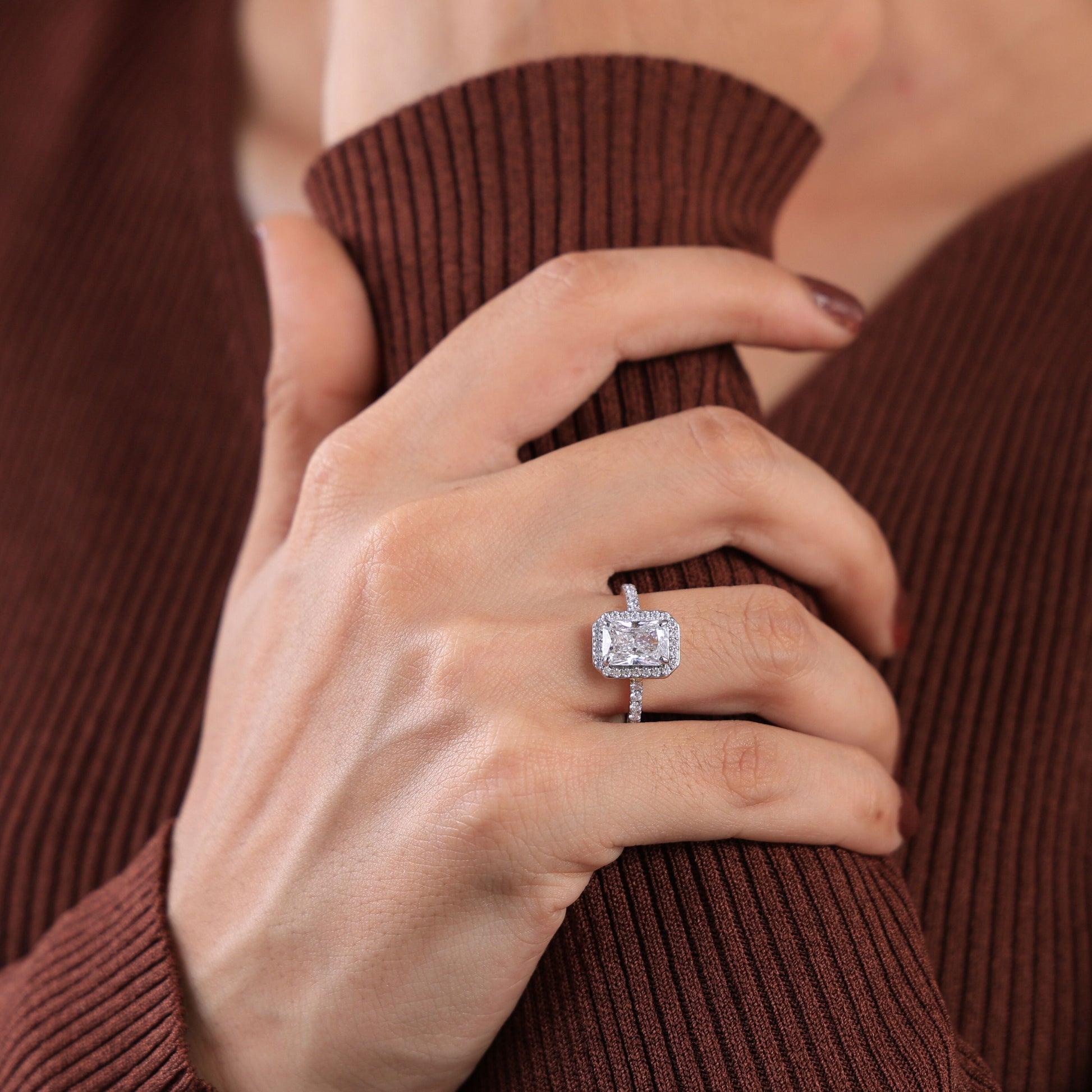 Emerald Cut Halo Pavé Engagement Ring in Lab Grown Diamond-14k Solid Gold, Wedding Ring For Women, Anniversary Gift,
