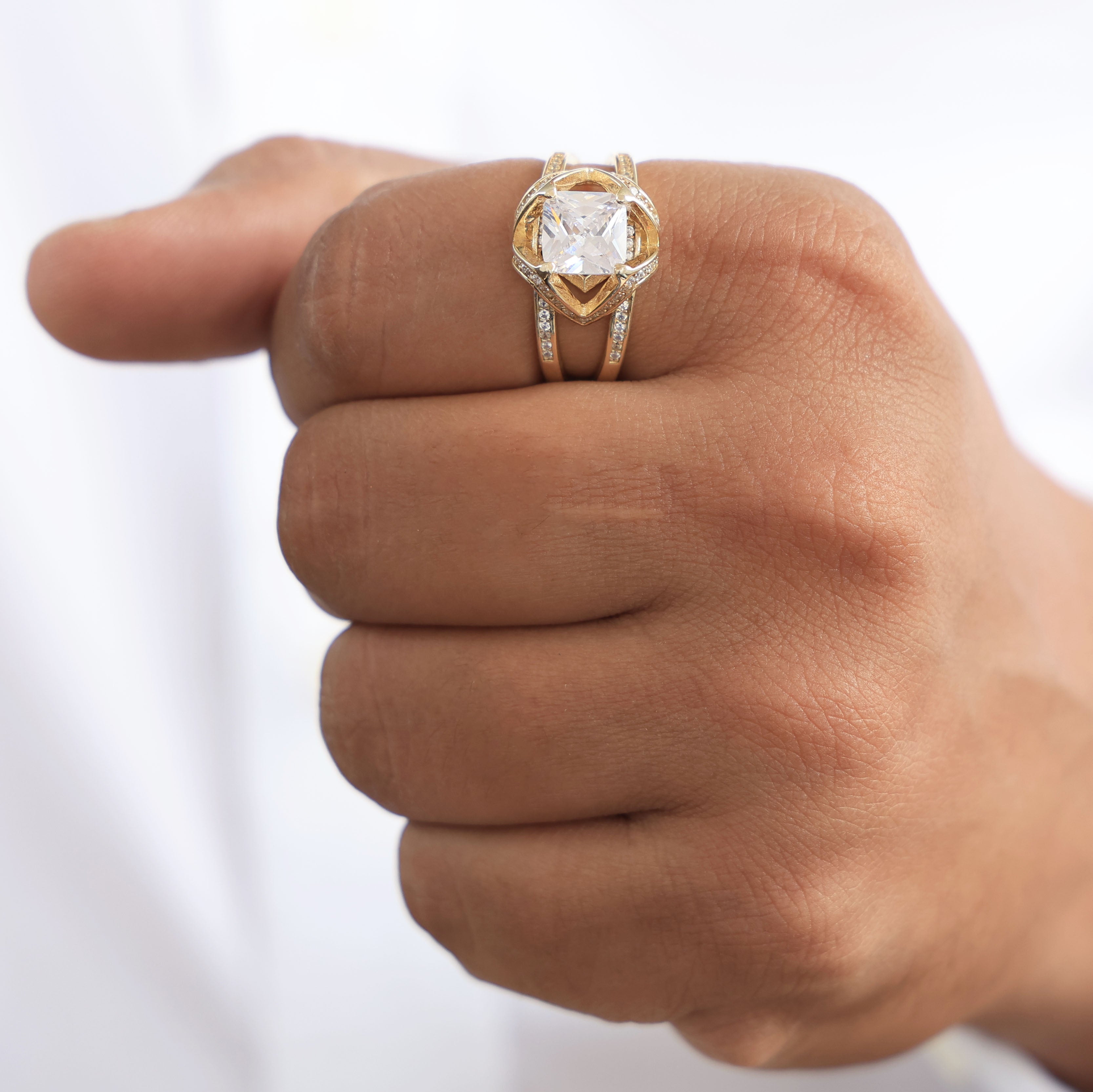 Geometric Halo Wide Band Design Men's Engagement Ring in 14k Solid Gold, 3.00 CT Cushion Cut Lab Created Diamond, Anniversary Gift, Party Wear Ring